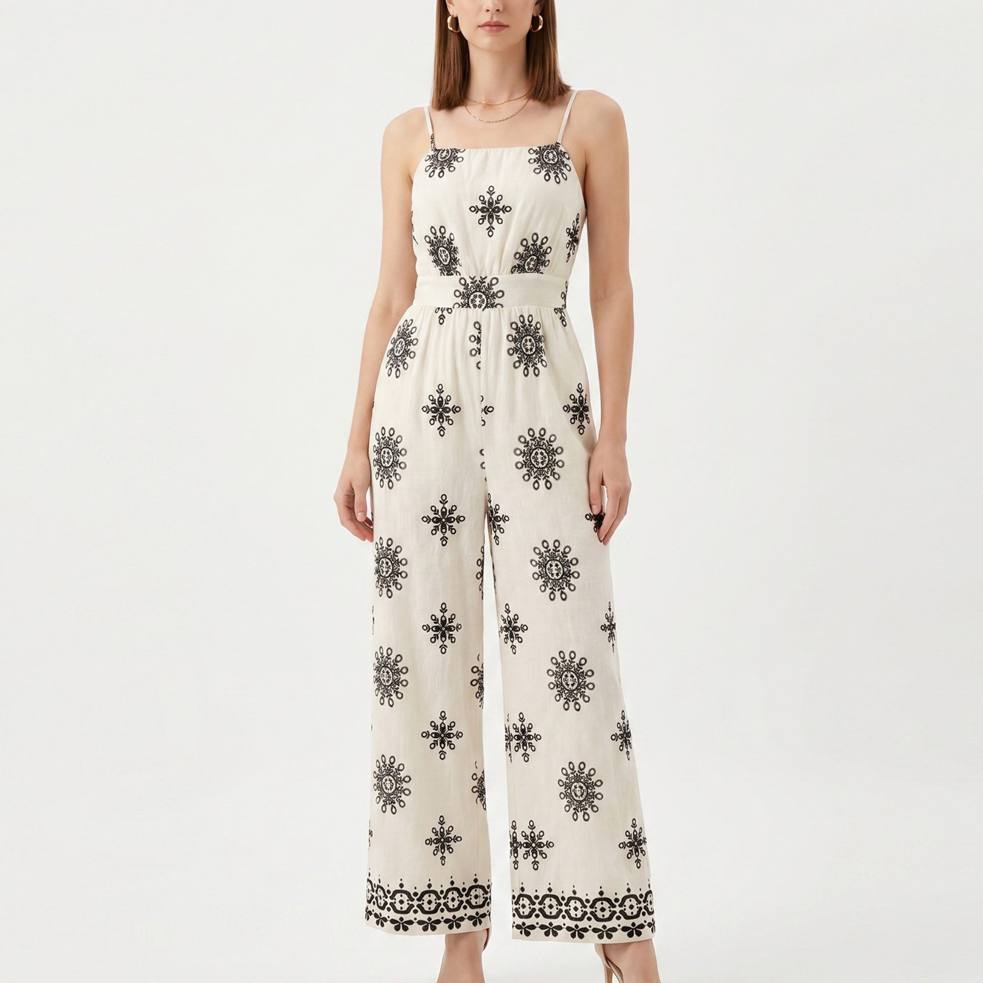 Anna-Kaci Women's Printed Wide Leg Jumpsuit with Spaghetti Straps and Smocked Back
