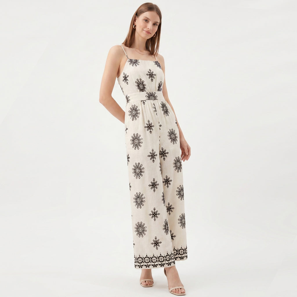 Anna-Kaci Women's Printed Wide Leg Jumpsuit with Spaghetti Straps and Smocked Back