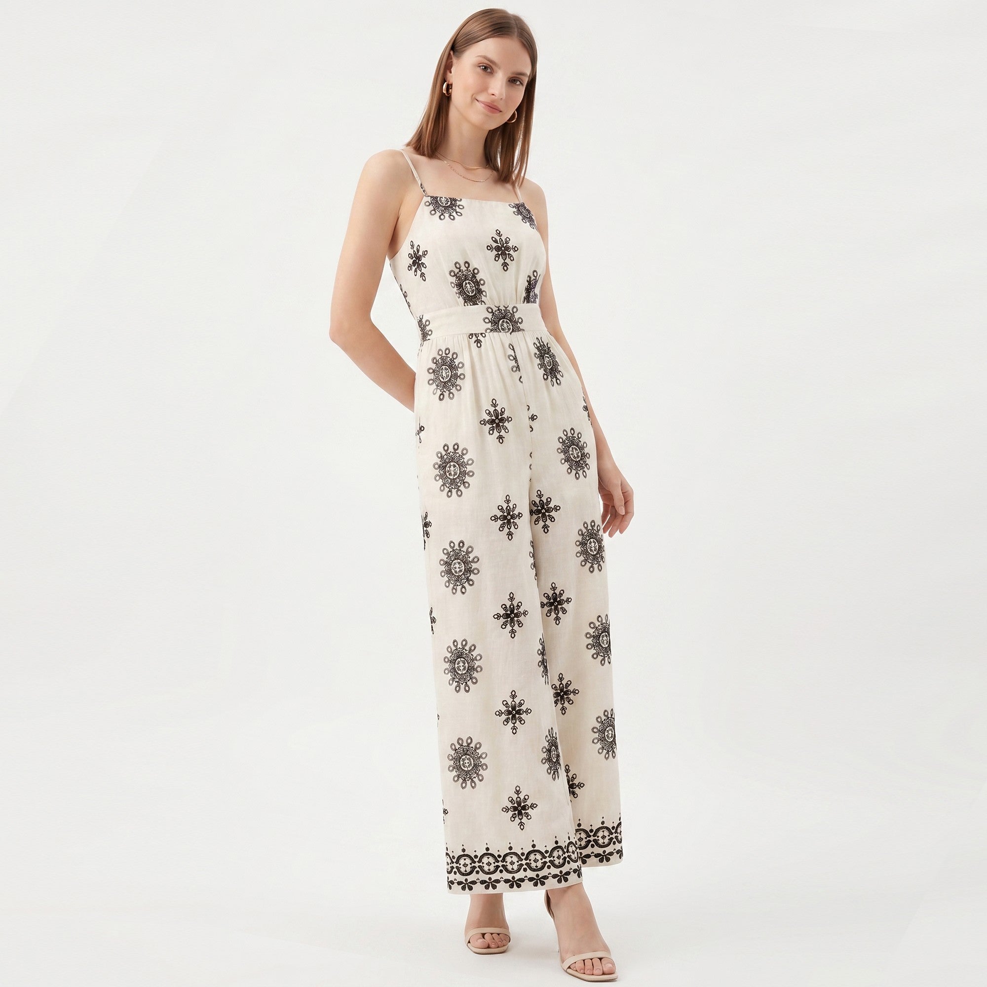 Anna-Kaci Women's Printed Wide Leg Jumpsuit with Spaghetti Straps and Smocked Back