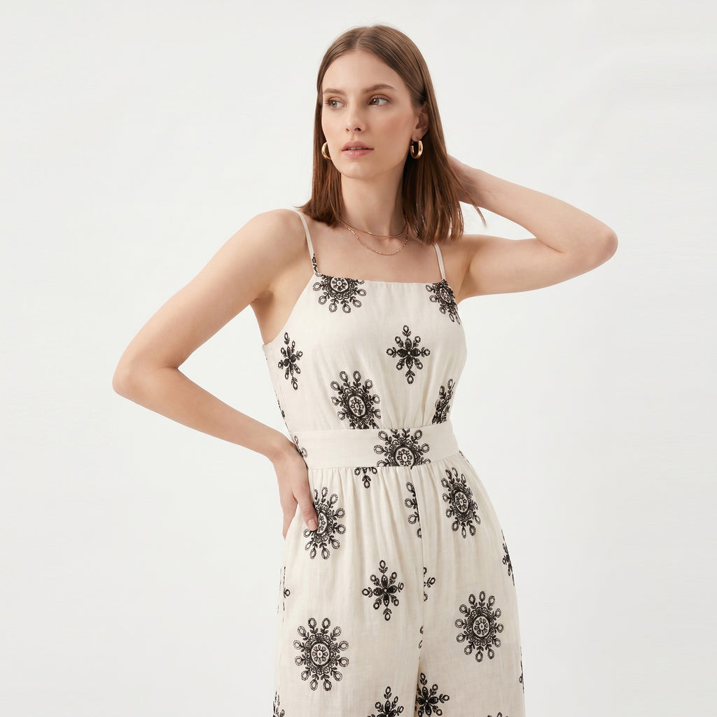 Anna-Kaci Women's Printed Wide Leg Jumpsuit with Spaghetti Straps and Smocked Back
