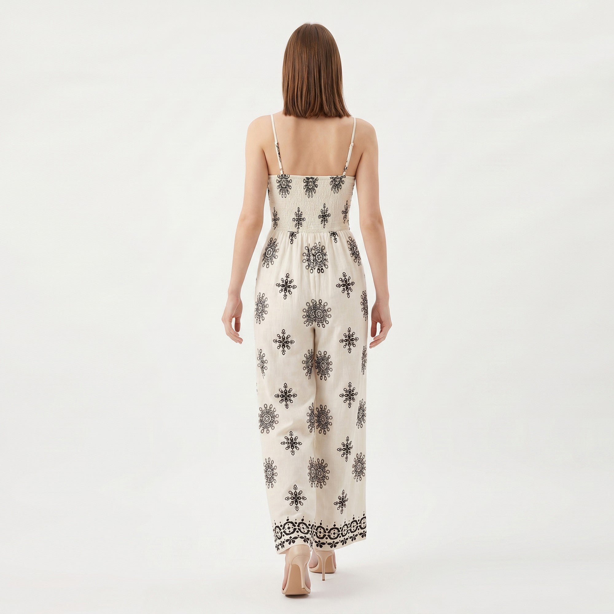 Anna-Kaci Women's Printed Wide Leg Jumpsuit with Spaghetti Straps and Smocked Back