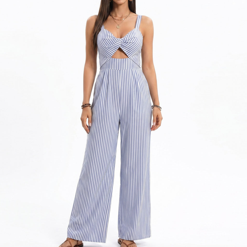 Anna-Kaci Women's Striped Wide Leg Jumpsuit with Twist Front Cutout and Spaghetti Straps