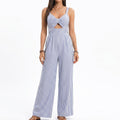 Anna-Kaci Women's Striped Wide Leg Jumpsuit with Twist Front Cutout and Spaghetti Straps