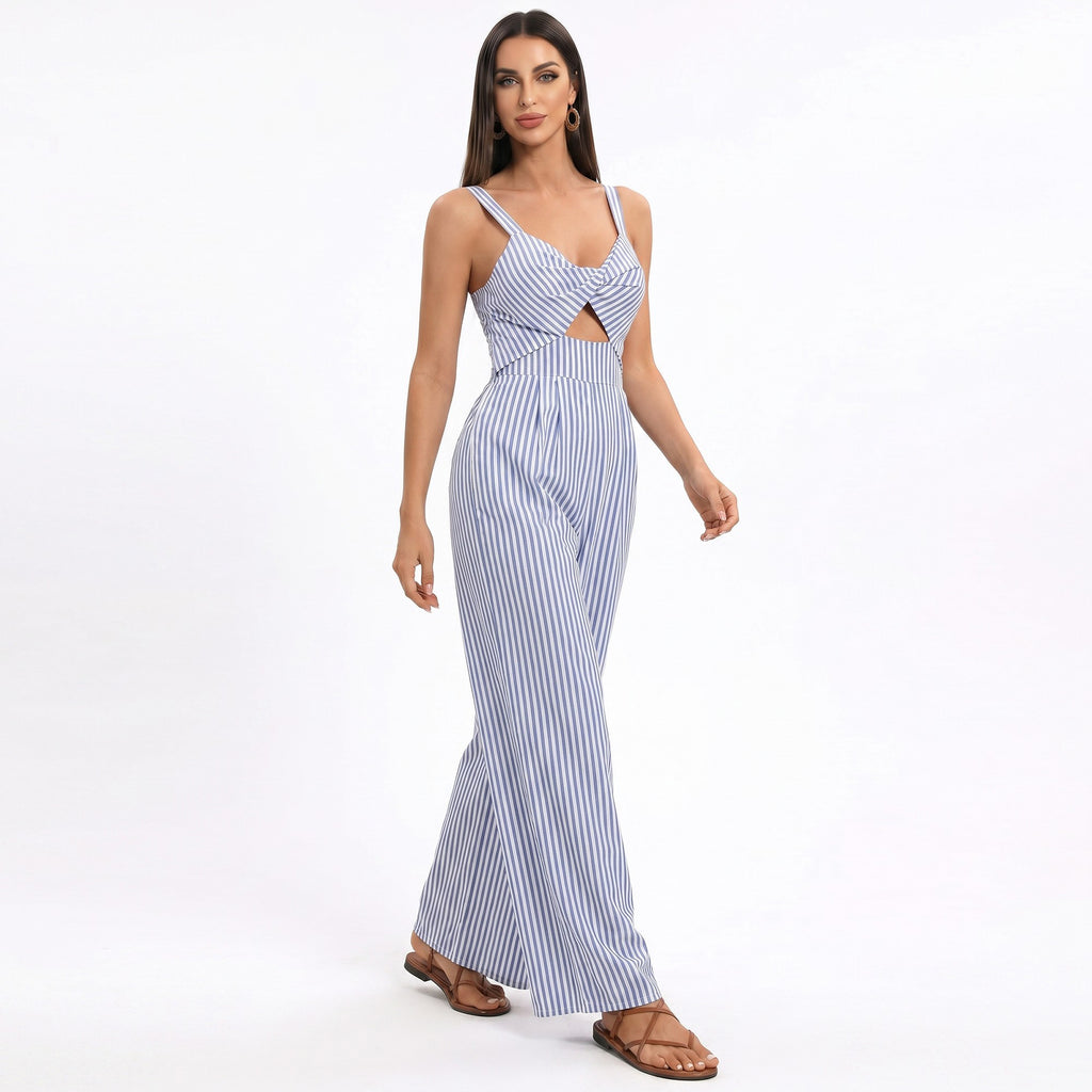 Anna-Kaci Women's Striped Wide Leg Jumpsuit with Twist Front Cutout and Spaghetti Straps