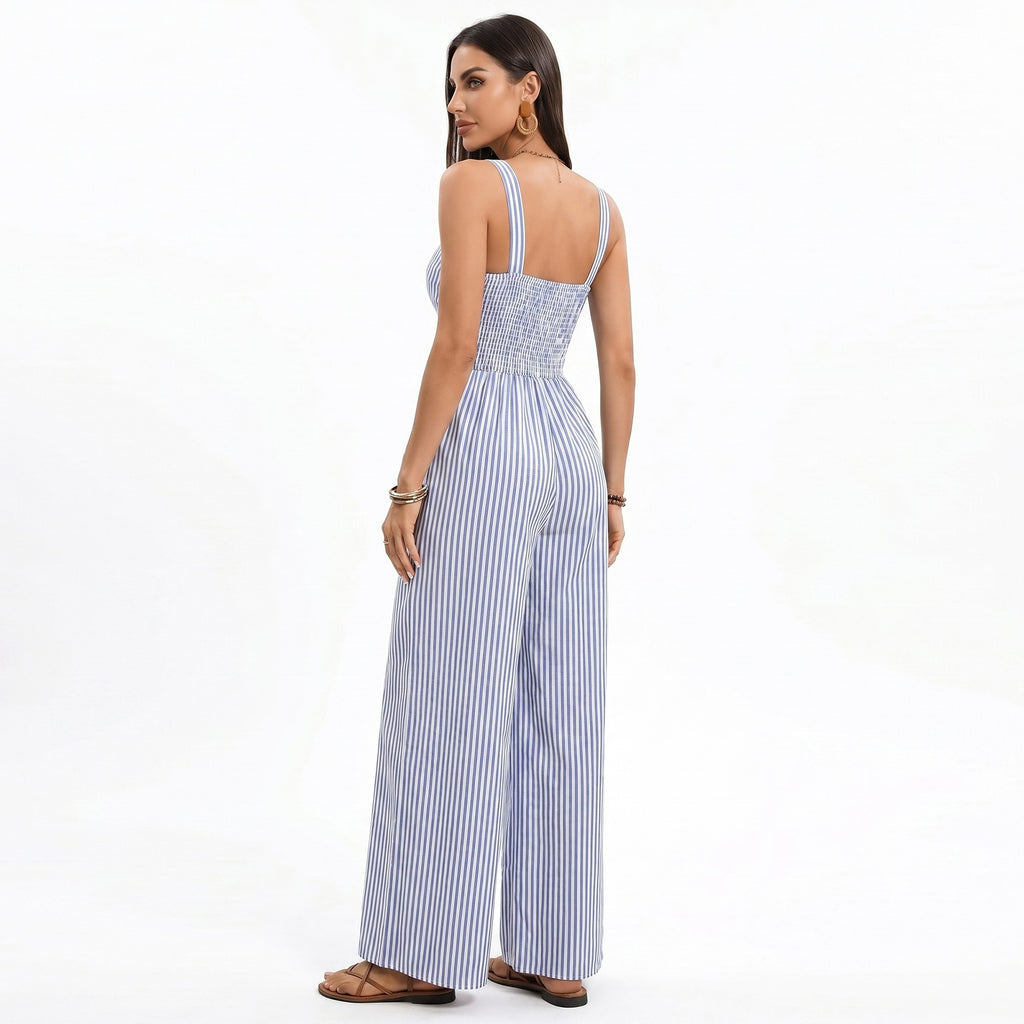 Anna-Kaci Women's Striped Wide Leg Jumpsuit with Twist Front Cutout and Spaghetti Straps