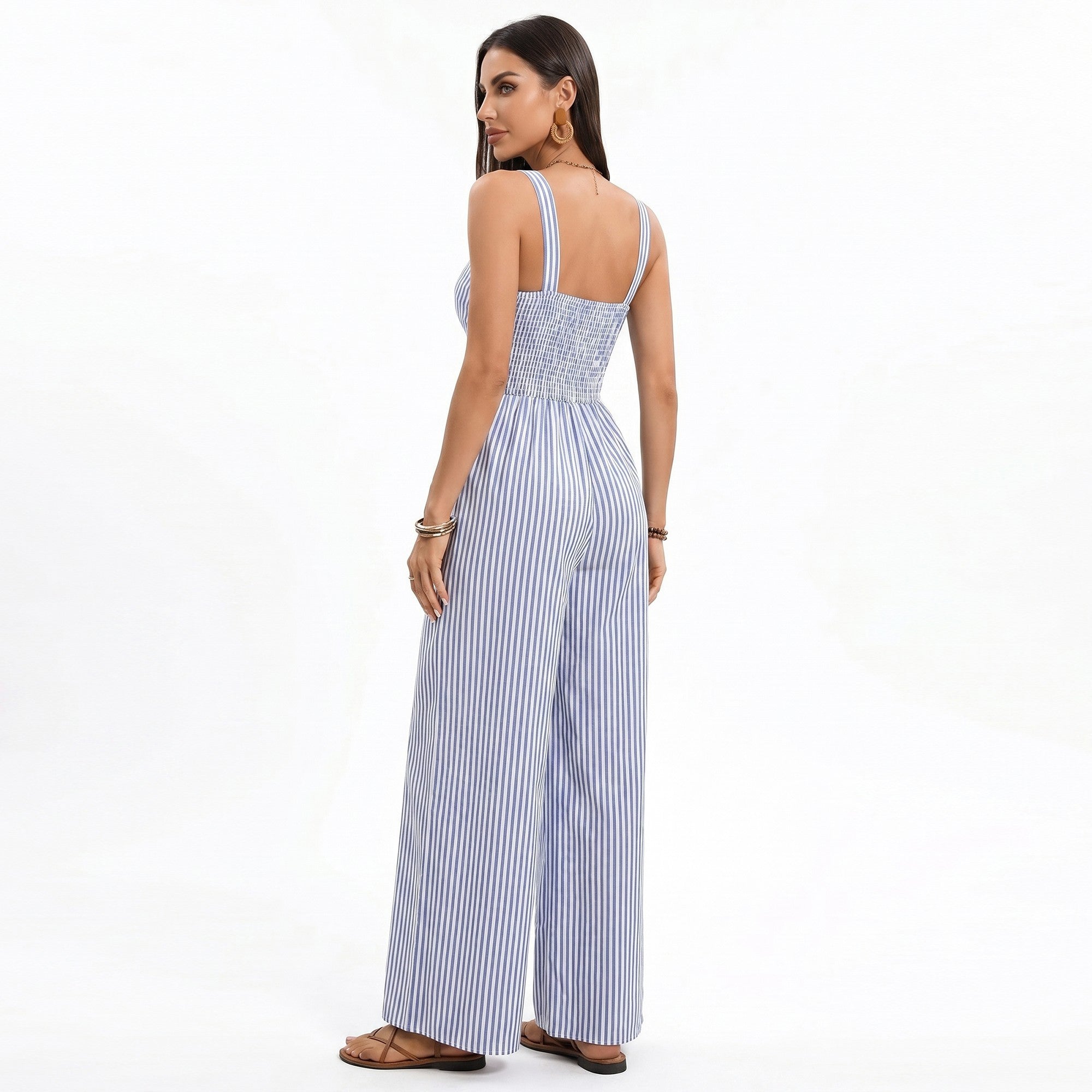 Anna-Kaci Women's Striped Wide Leg Jumpsuit with Twist Front Cutout and Spaghetti Straps