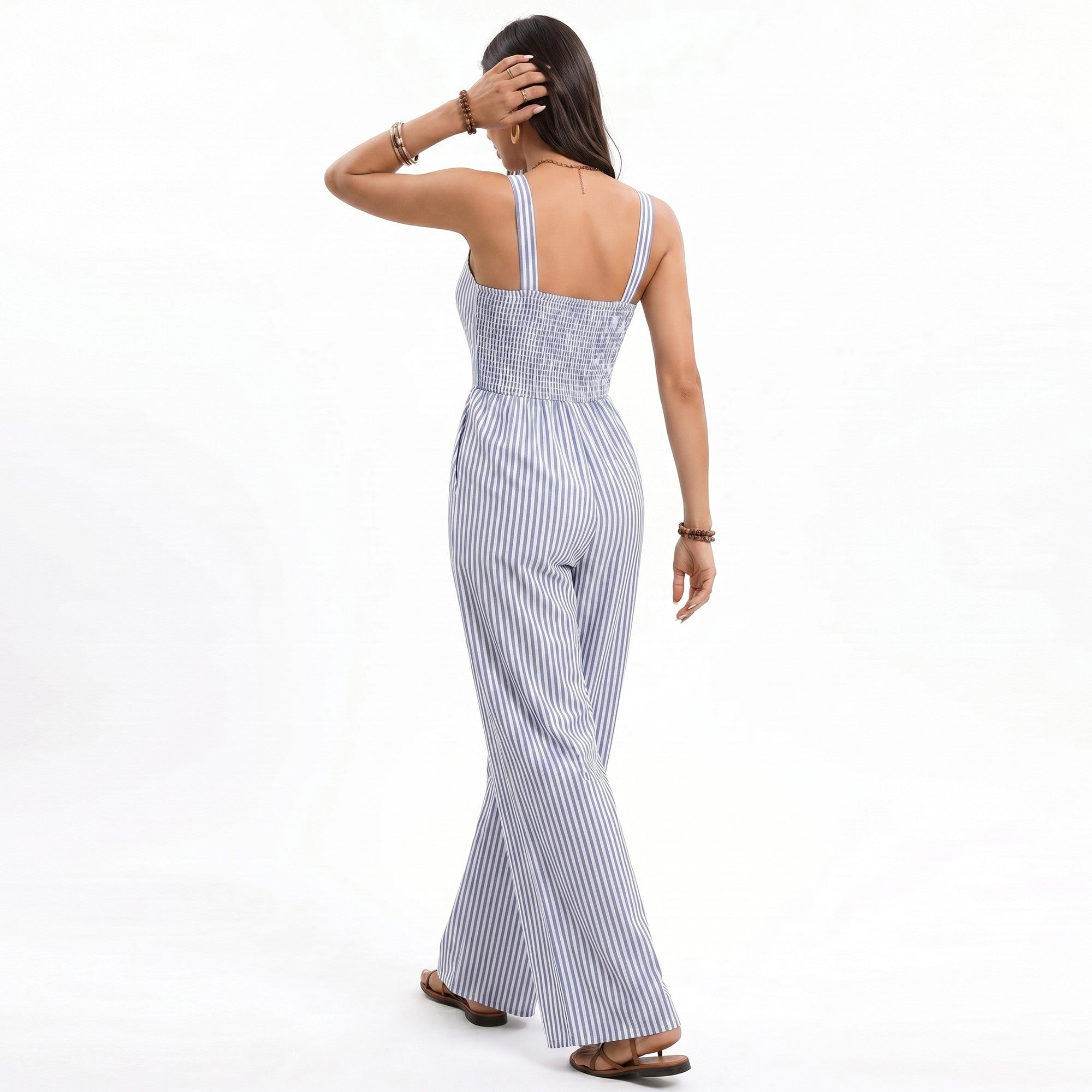 Anna-Kaci Women's Striped Wide Leg Jumpsuit with Twist Front Cutout and Spaghetti Straps