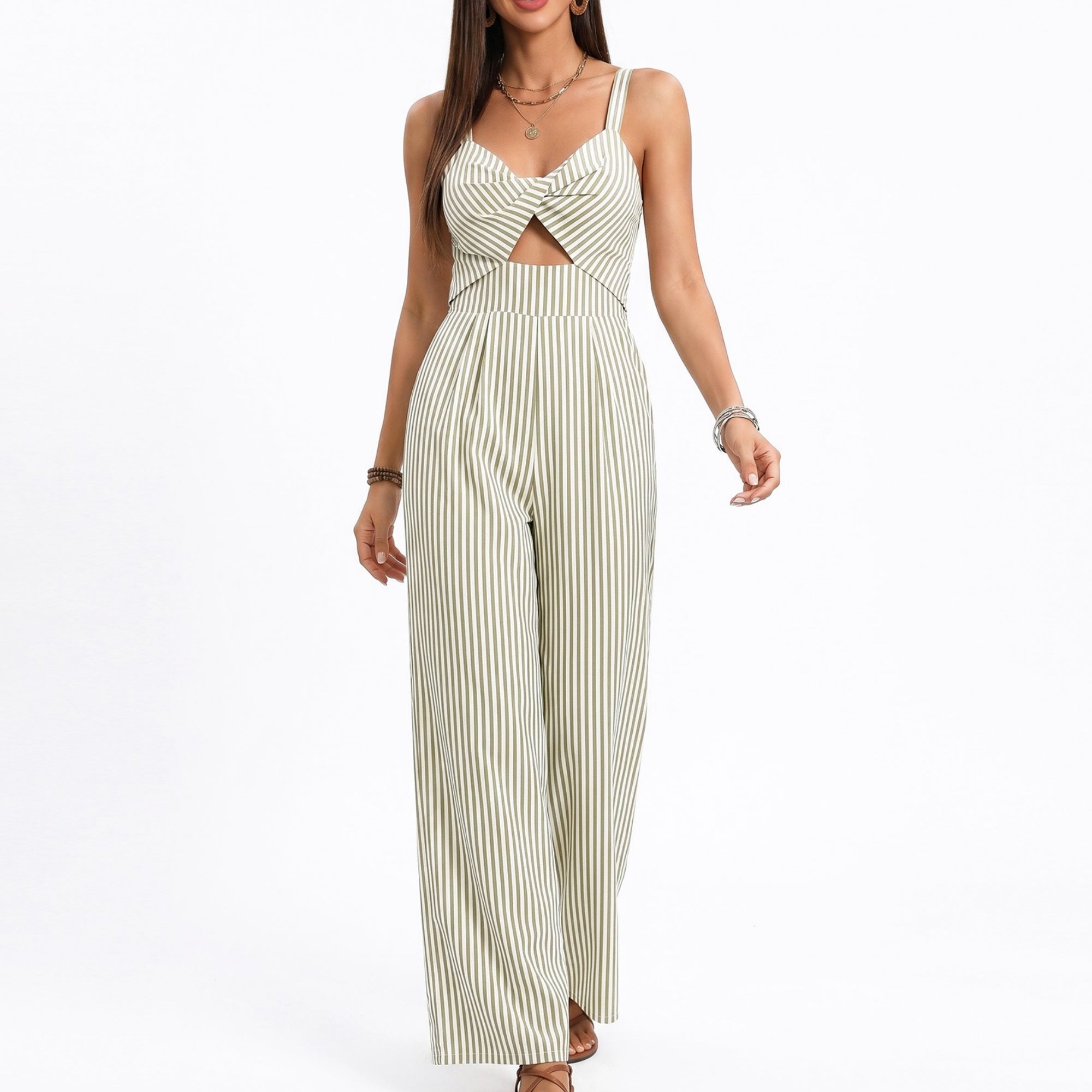 Anna-Kaci Women's Striped Wide Leg Jumpsuit with Twist Front Cutout and Spaghetti Straps