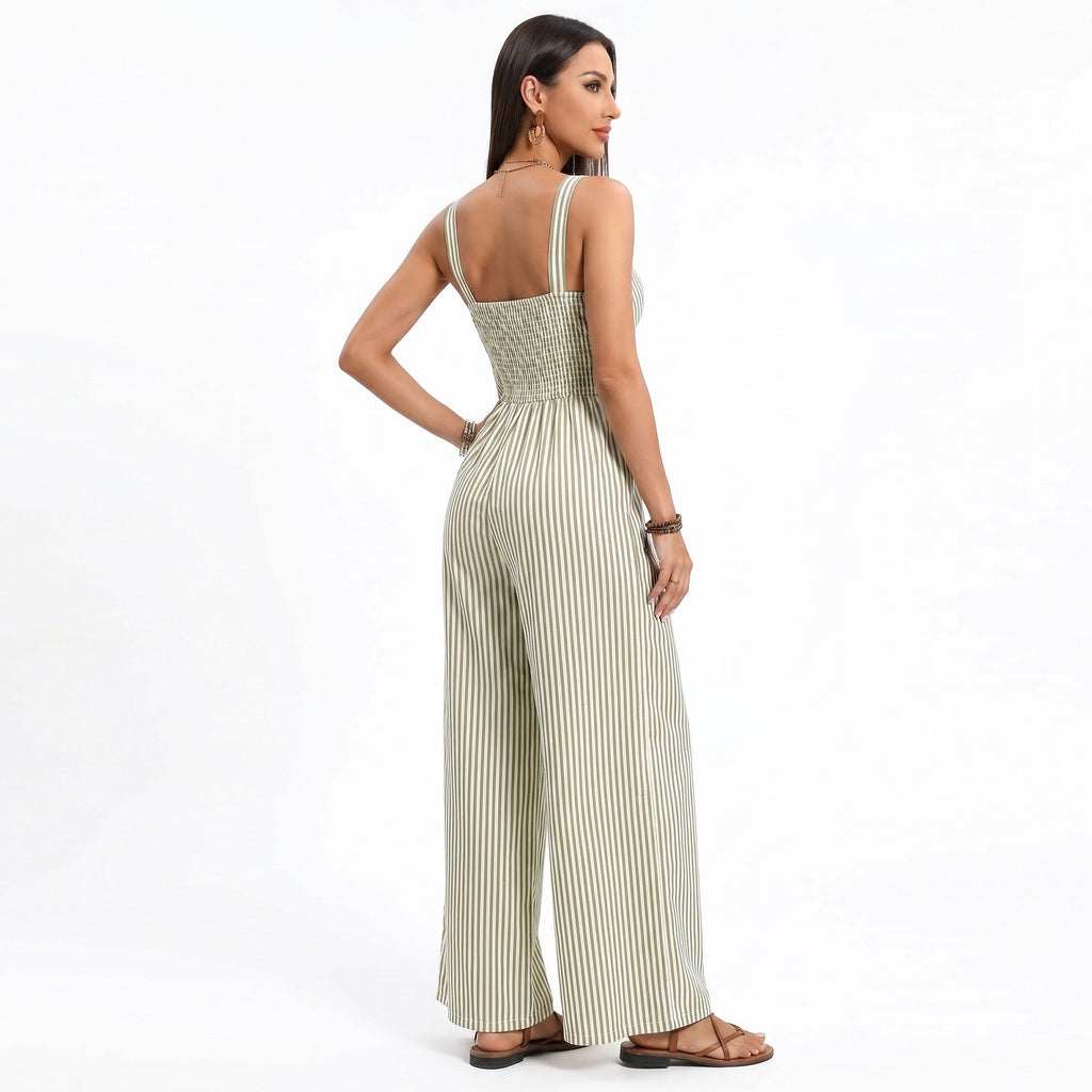 Anna-Kaci Women's Striped Wide Leg Jumpsuit with Twist Front Cutout and Spaghetti Straps