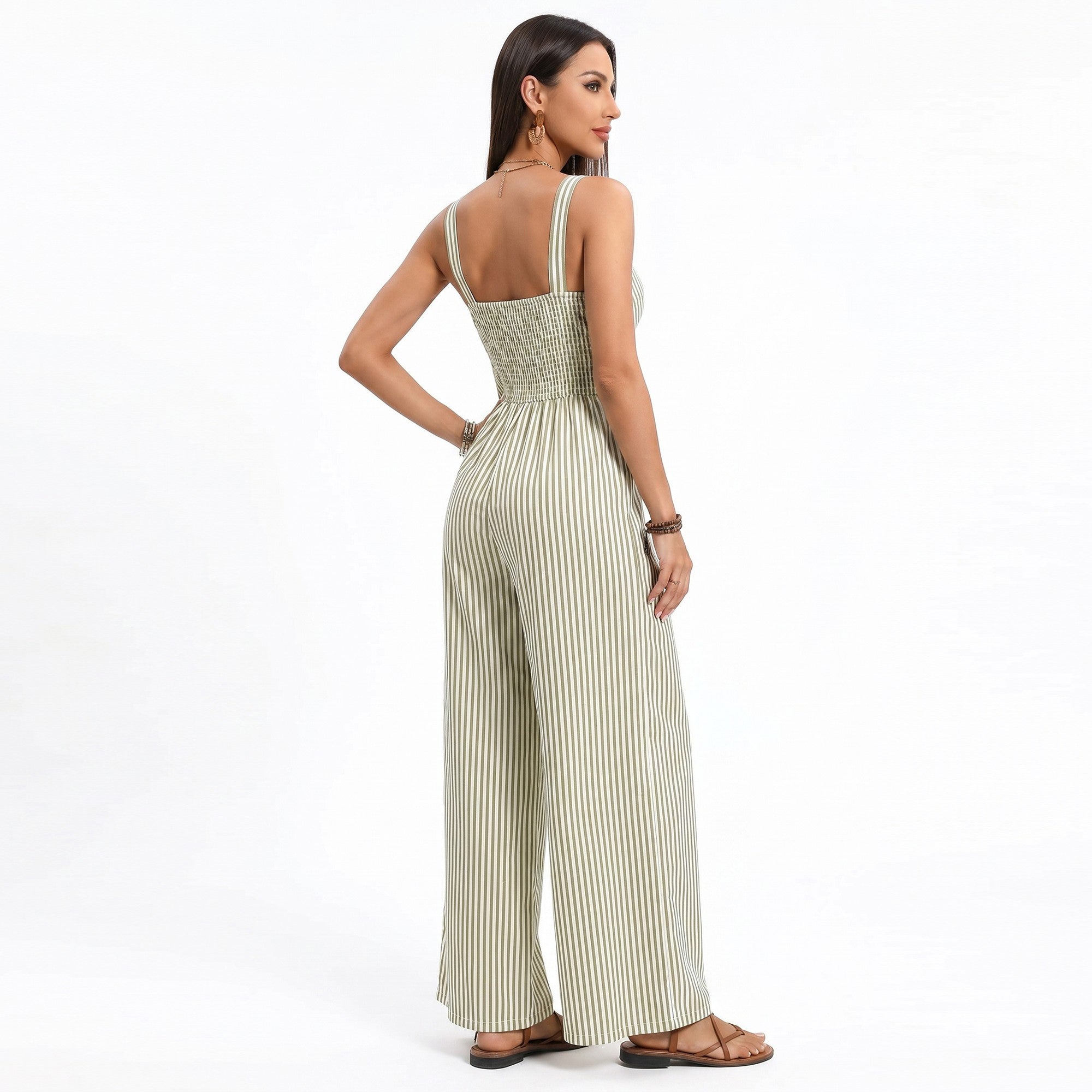 Anna-Kaci Women's Striped Wide Leg Jumpsuit with Twist Front Cutout and Spaghetti Straps