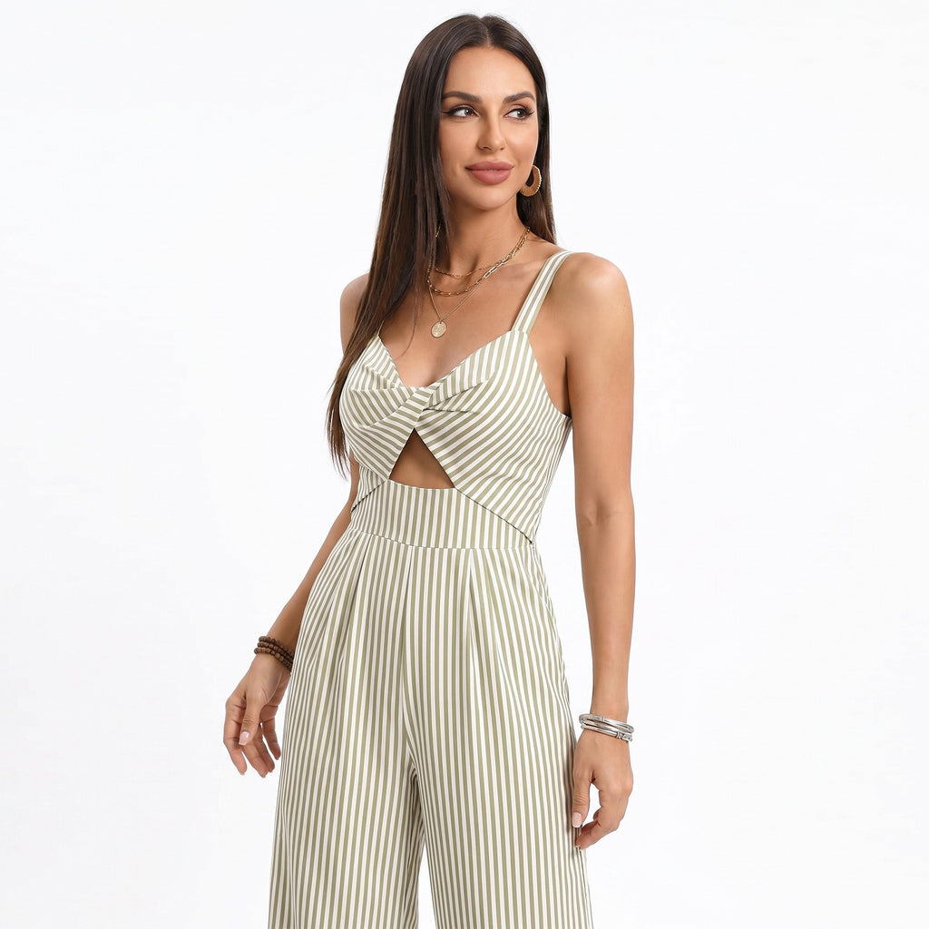 Anna-Kaci Women's Striped Wide Leg Jumpsuit with Twist Front Cutout and Spaghetti Straps