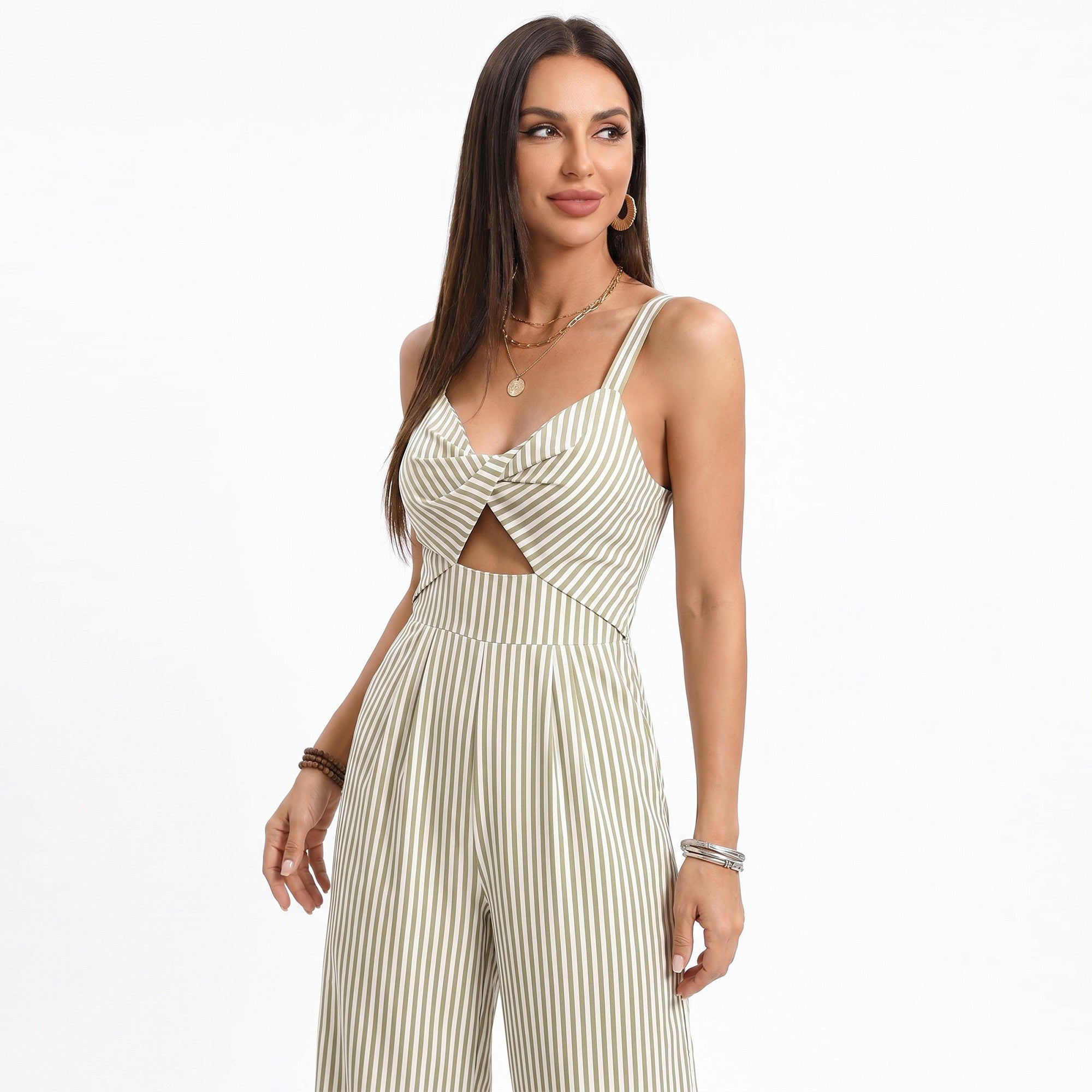 Anna-Kaci Women's Striped Wide Leg Jumpsuit with Twist Front Cutout and Spaghetti Straps