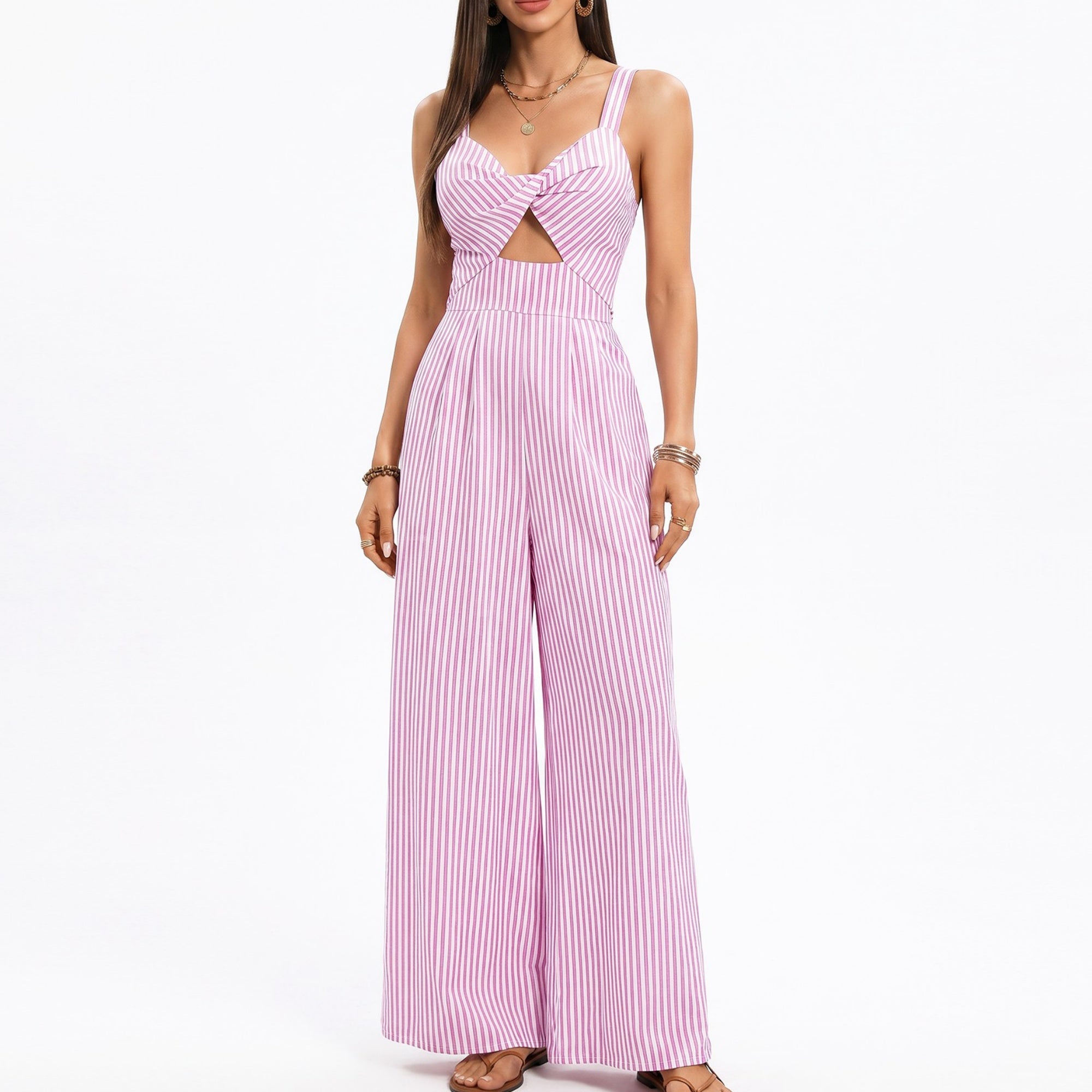 Anna-Kaci Women's Striped Wide Leg Jumpsuit with Twist Front Cutout and Spaghetti Straps