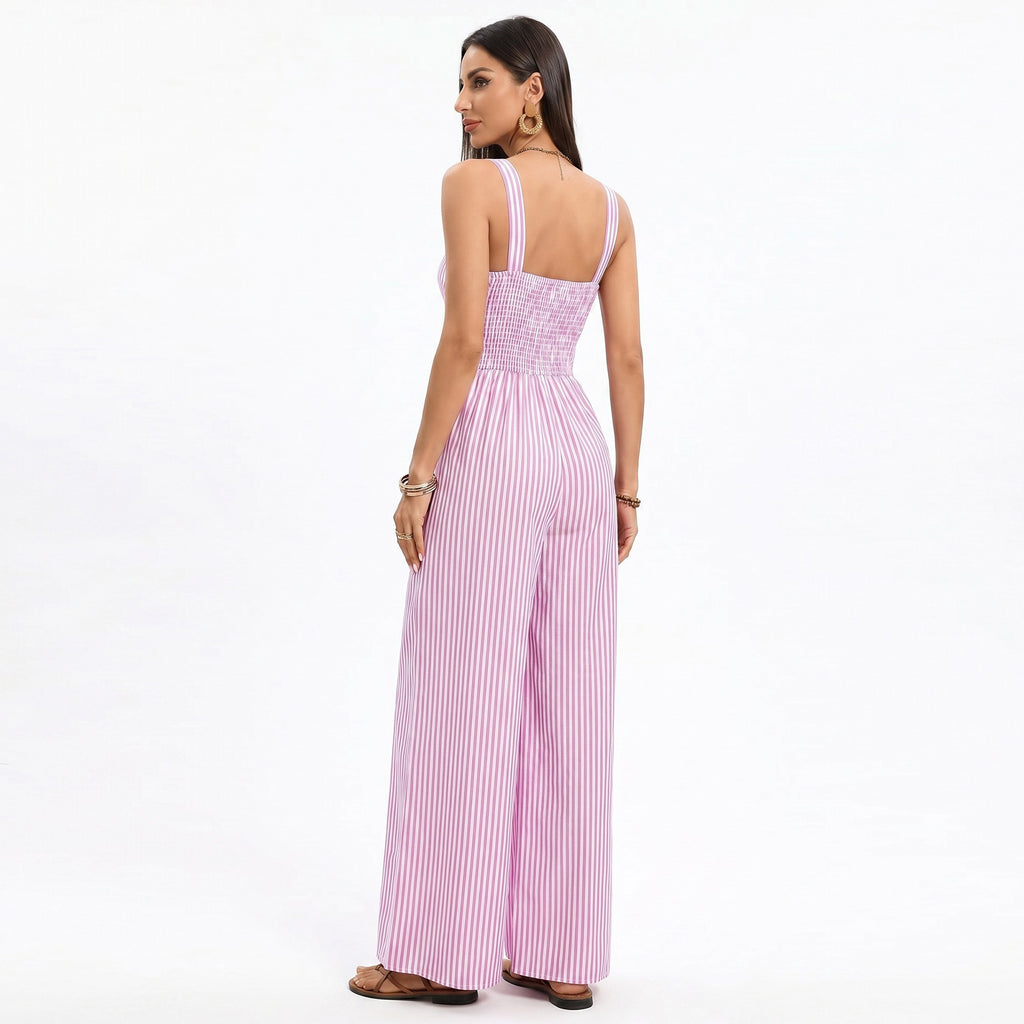 Anna-Kaci Women's Striped Wide Leg Jumpsuit with Twist Front Cutout and Spaghetti Straps