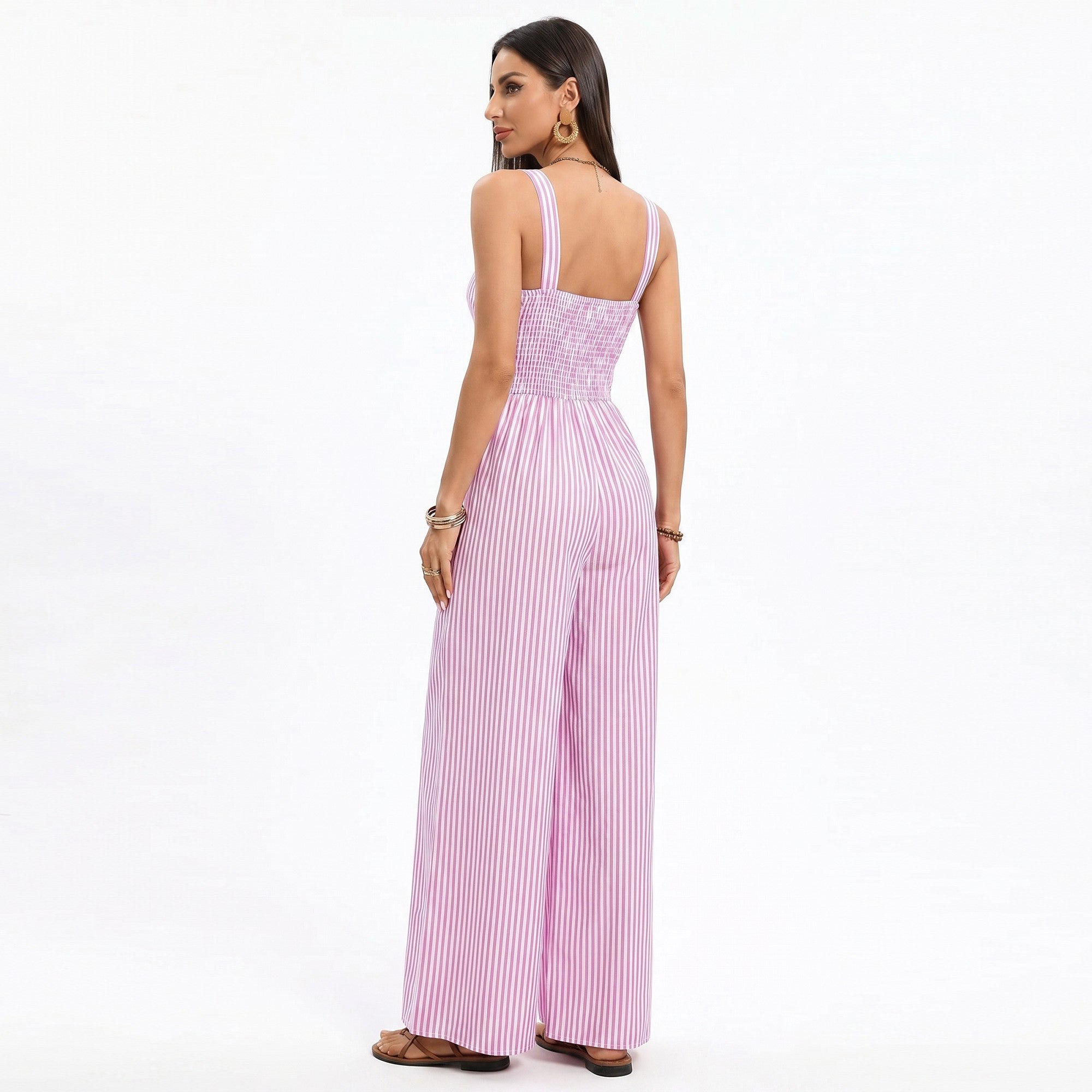 Anna-Kaci Women's Striped Wide Leg Jumpsuit with Twist Front Cutout and Spaghetti Straps