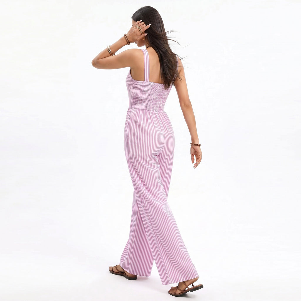 Anna-Kaci Women's Striped Wide Leg Jumpsuit with Twist Front Cutout and Spaghetti Straps