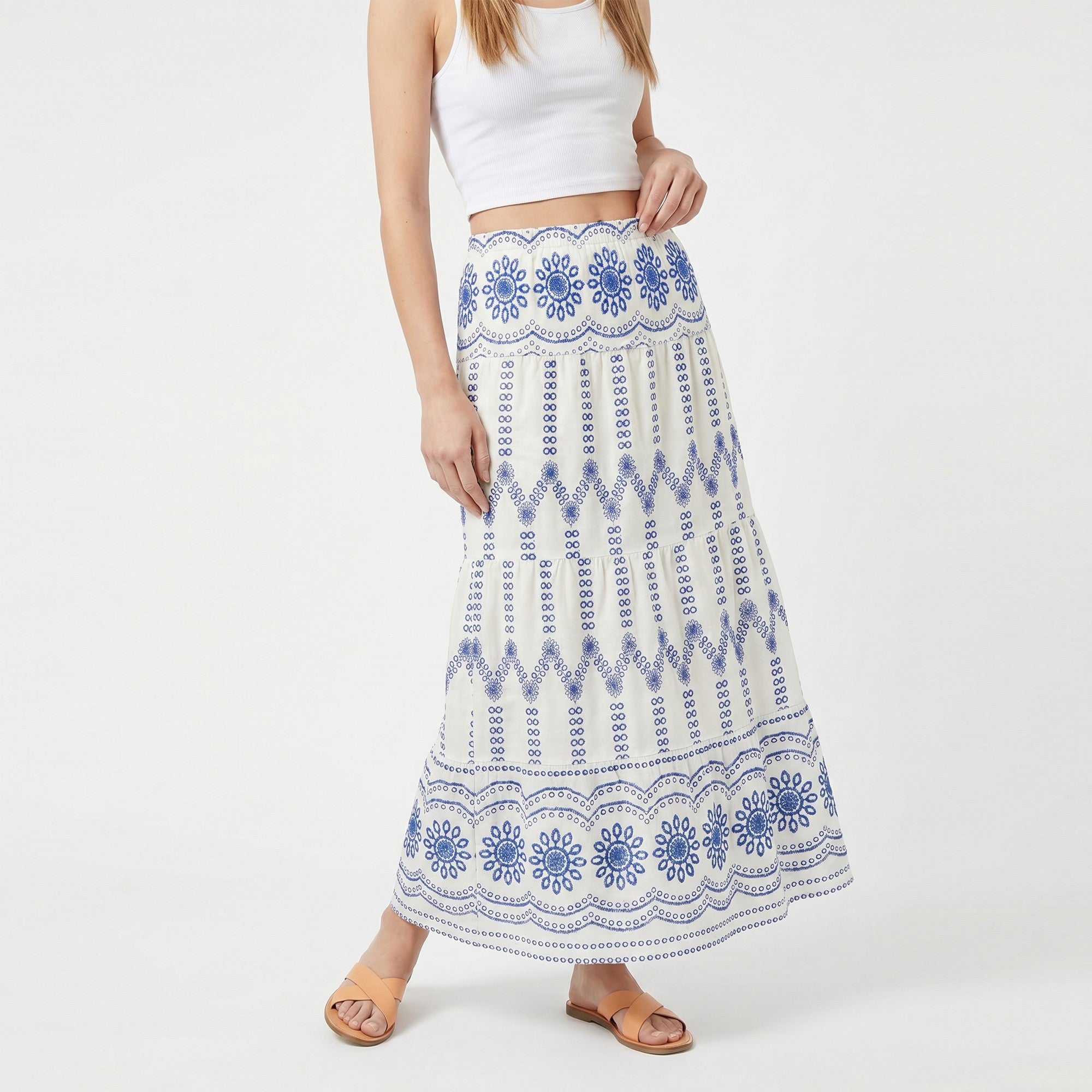 Anna-Kaci Women's Embroidered Maxi Skirt with Tiered A Line Silhouette and Border Detail