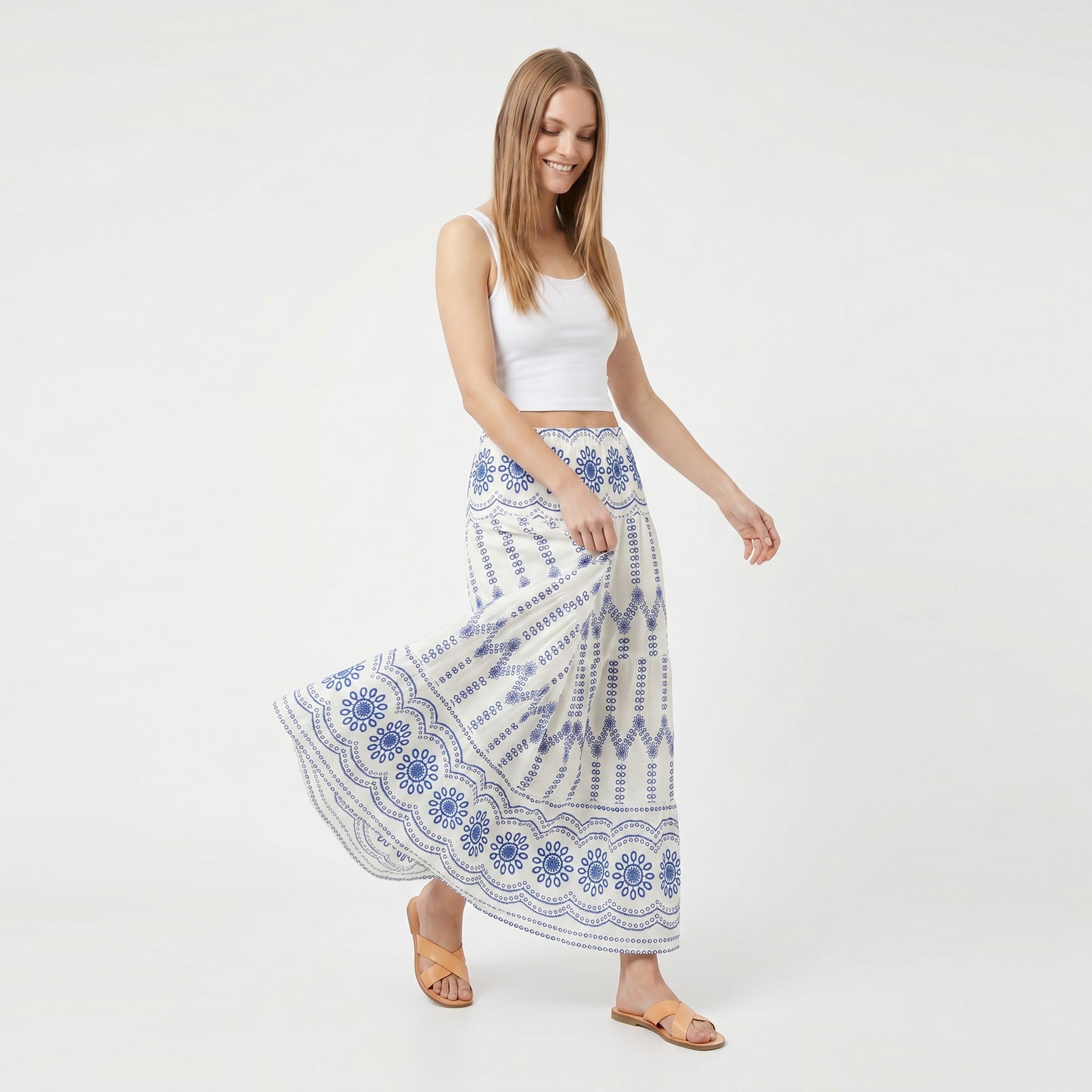 Anna-Kaci Women's Embroidered Maxi Skirt with Tiered A Line Silhouette and Border Detail