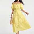 Anna-Kaci Women's Off Shoulder Maxi Dress with Smocked Waist and Tiered Skirt
