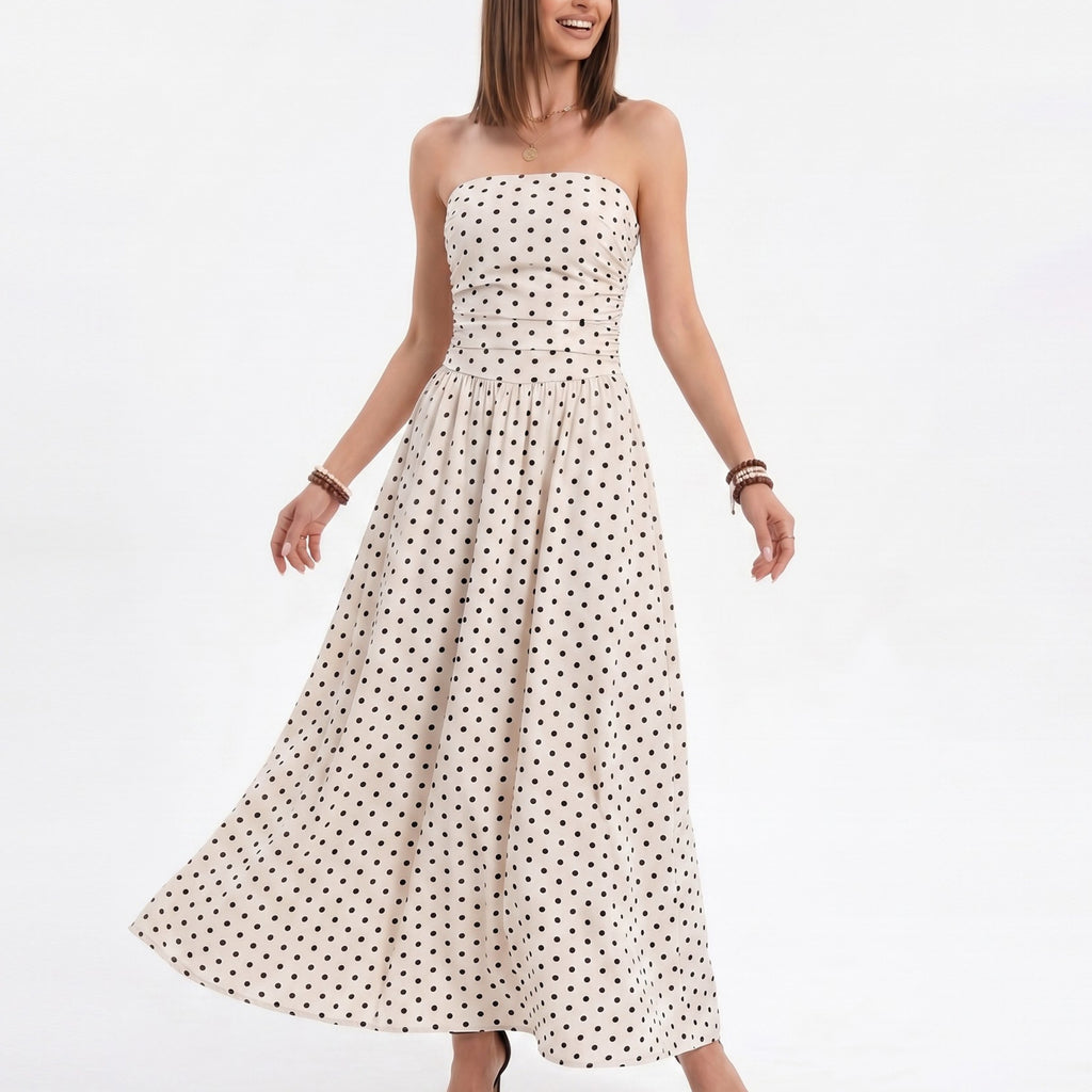 Anna-Kaci Women's Polka Dot Strapless Maxi Dress with Ruched Bodice and Full Skirt