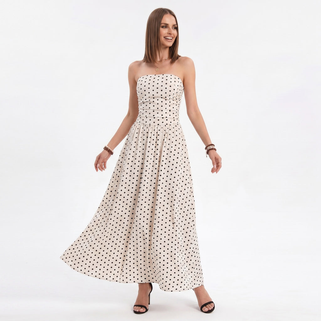 Anna-Kaci Women's Polka Dot Strapless Maxi Dress with Ruched Bodice and Full Skirt
