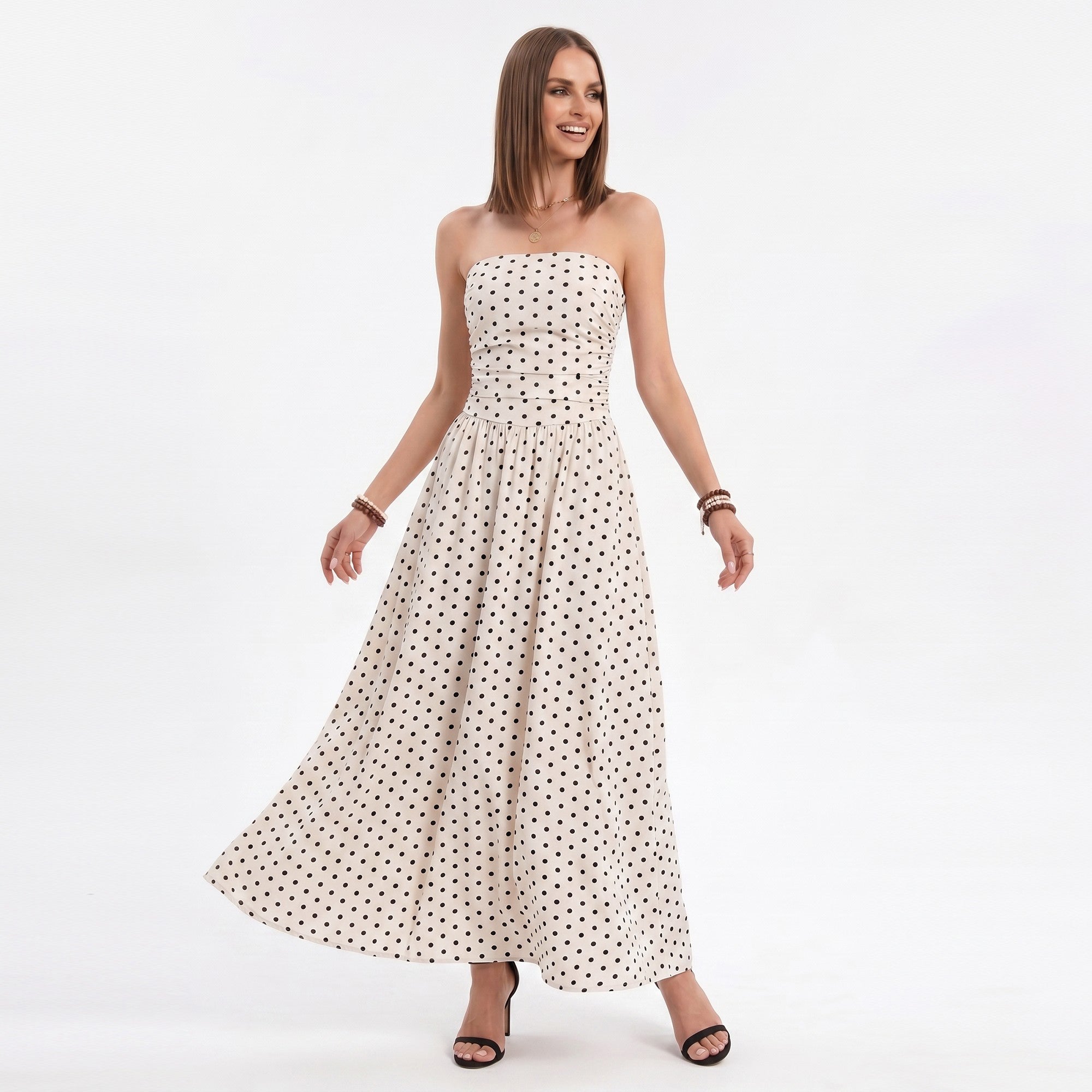 Anna-Kaci Women's Polka Dot Strapless Maxi Dress with Ruched Bodice and Full Skirt