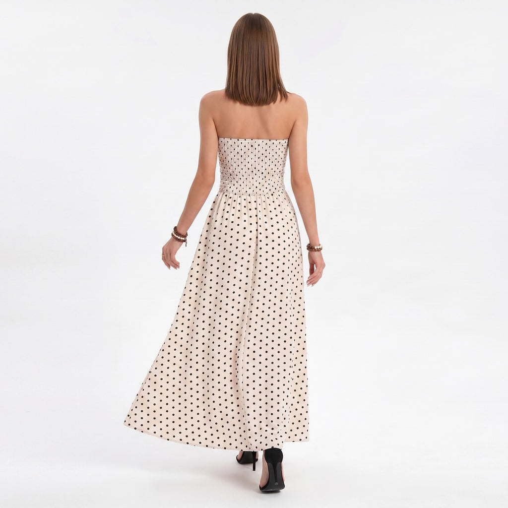 Anna-Kaci Women's Polka Dot Strapless Maxi Dress with Ruched Bodice and Full Skirt