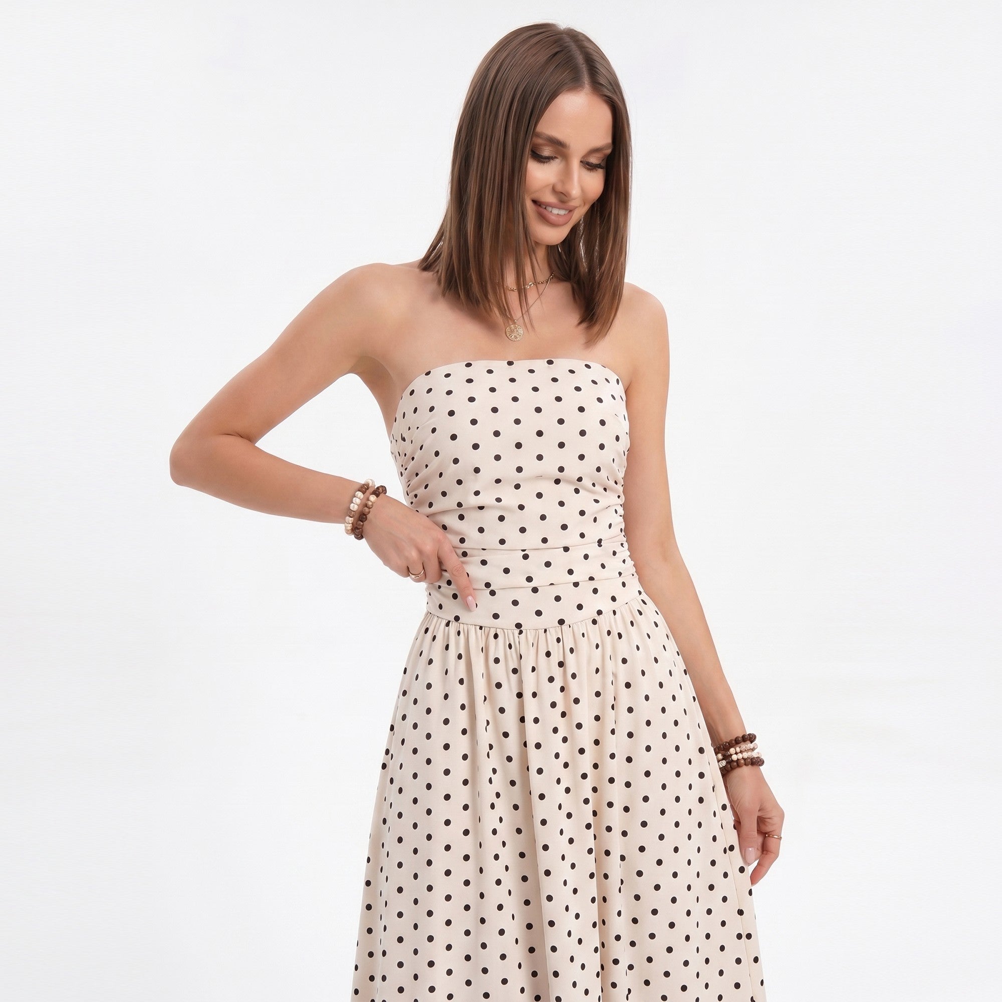 Anna-Kaci Women's Polka Dot Strapless Maxi Dress with Ruched Bodice and Full Skirt
