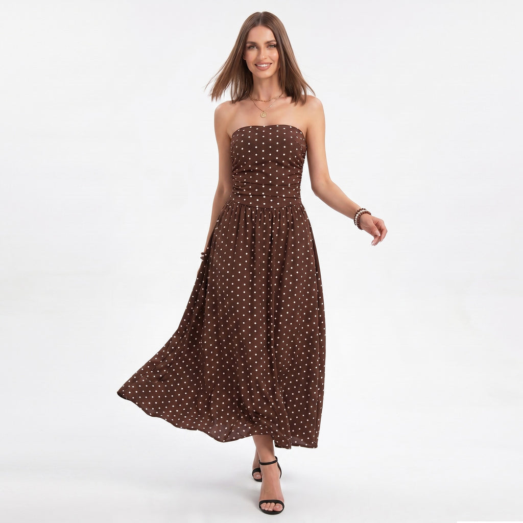 Anna-Kaci Women's Polka Dot Strapless Maxi Dress with Ruched Bodice and Full Skirt