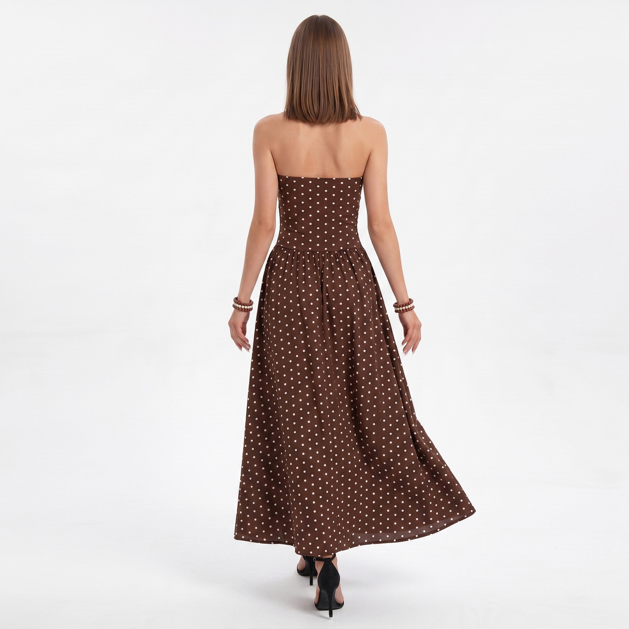 Anna-Kaci Women's Polka Dot Strapless Maxi Dress with Ruched Bodice and Full Skirt