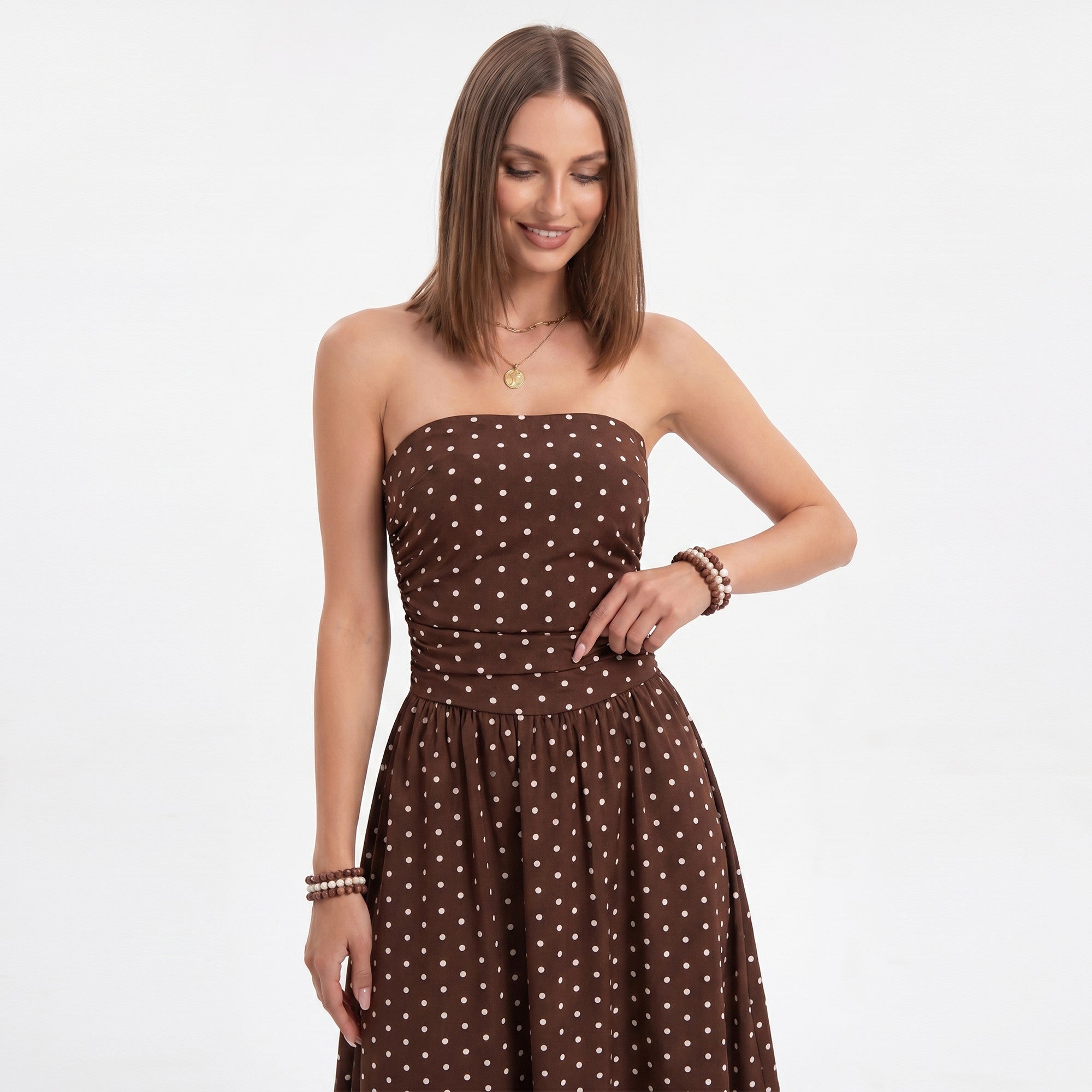 Anna-Kaci Women's Polka Dot Strapless Maxi Dress with Ruched Bodice and Full Skirt