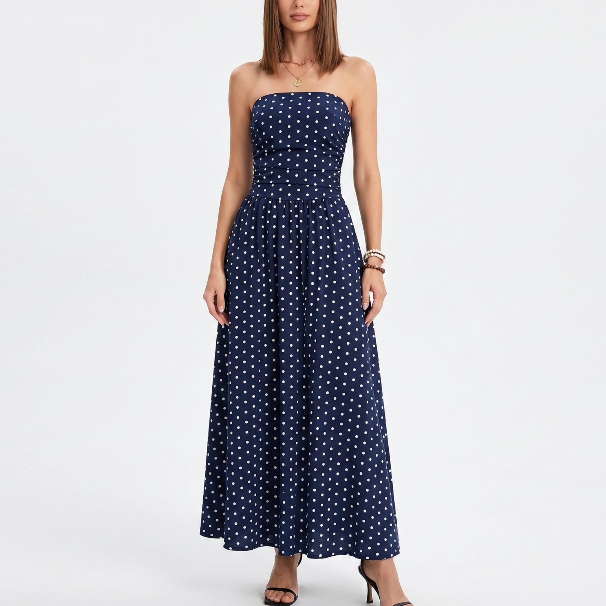 Anna-Kaci Women's Polka Dot Strapless Maxi Dress with Ruched Bodice and Full Skirt