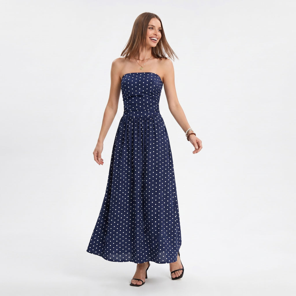 Anna-Kaci Women's Polka Dot Strapless Maxi Dress with Ruched Bodice and Full Skirt