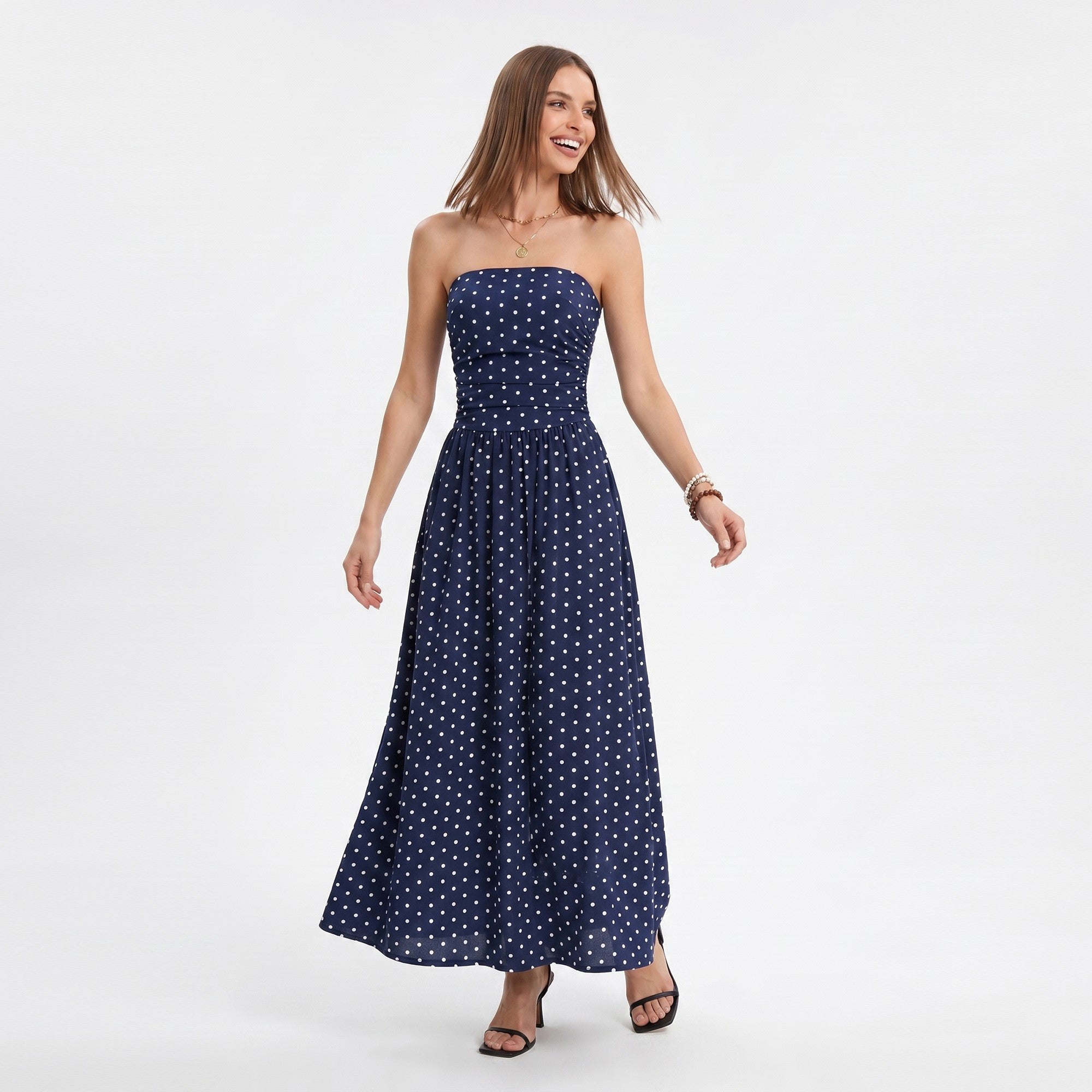 Anna-Kaci Women's Polka Dot Strapless Maxi Dress with Ruched Bodice and Full Skirt