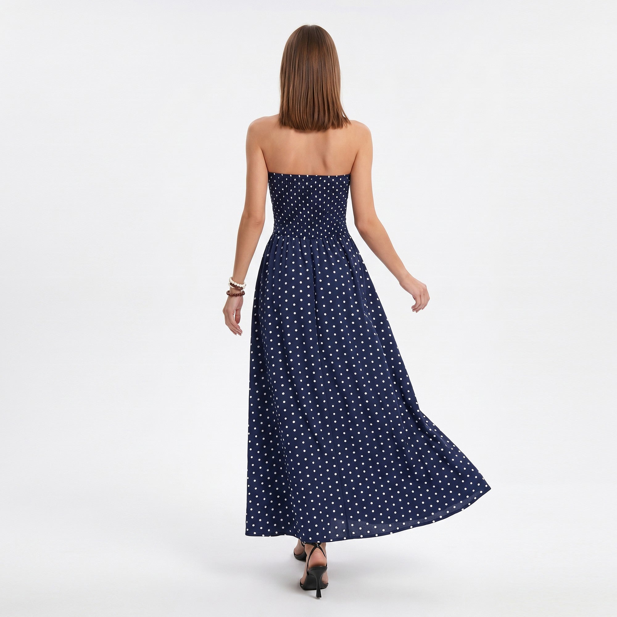 Anna-Kaci Women's Polka Dot Strapless Maxi Dress with Ruched Bodice and Full Skirt