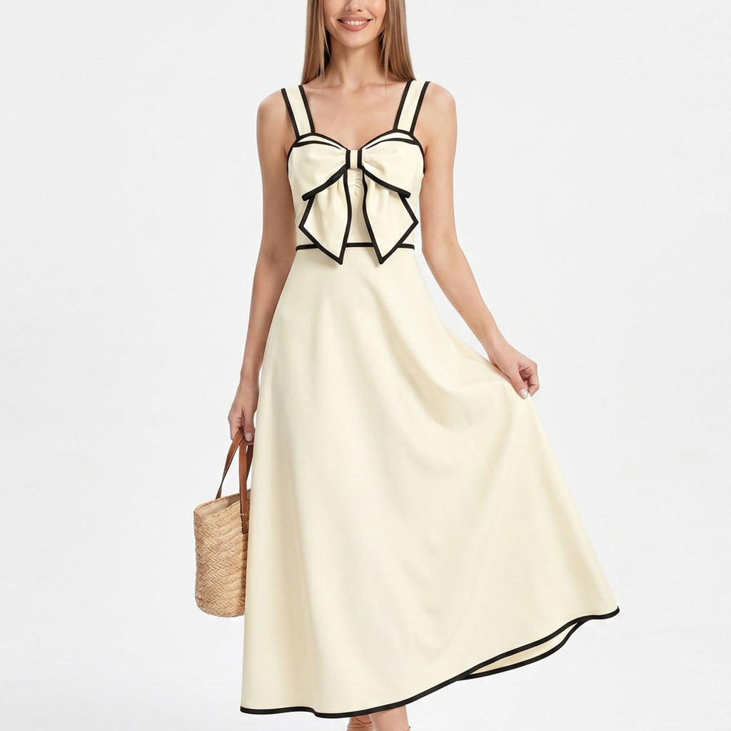 Anna-Kaci Women's Bow Front Maxi Dress with Contrast Trim and Wide Straps
