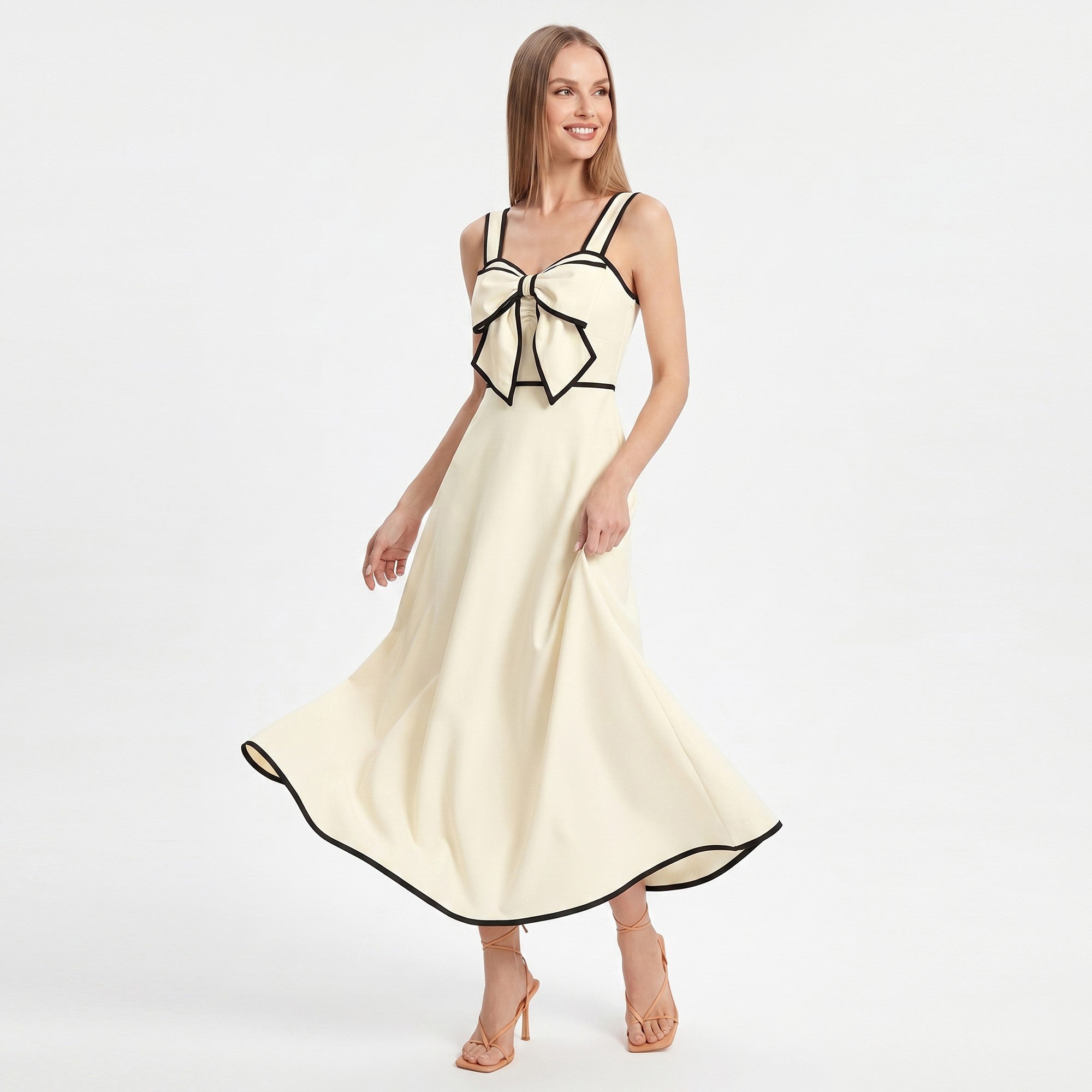 Anna-Kaci Women's Bow Front Maxi Dress with Contrast Trim and Wide Straps