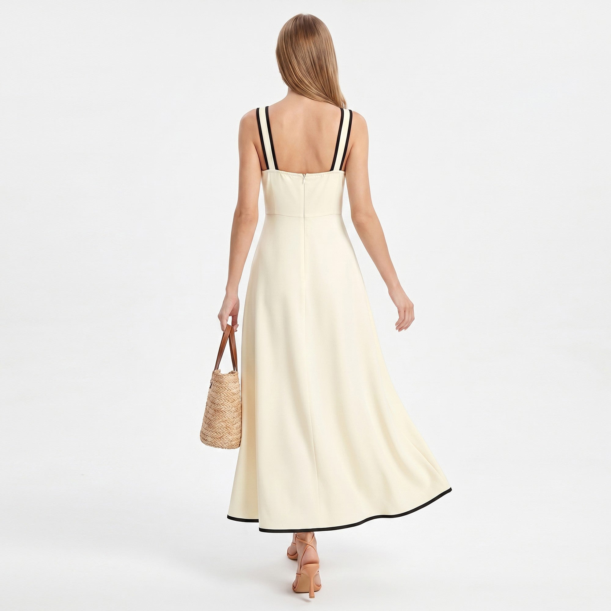 Anna-Kaci Women's Bow Front Maxi Dress with Contrast Trim and Wide Straps