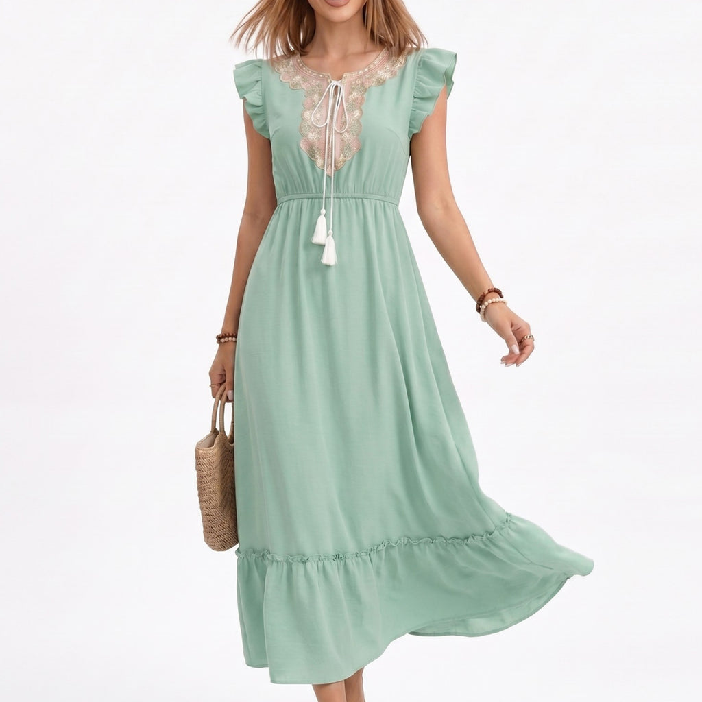 Anna-Kaci Women's Ruffle Sleeve Maxi Dress with Tie Neck and Embroidered Trim