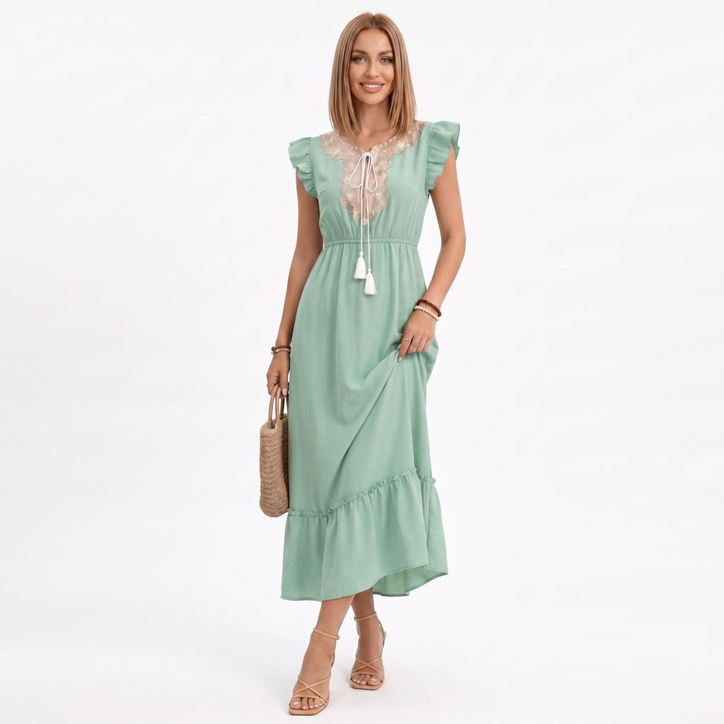 Anna-Kaci Women's Ruffle Sleeve Maxi Dress with Tie Neck and Embroidered Trim