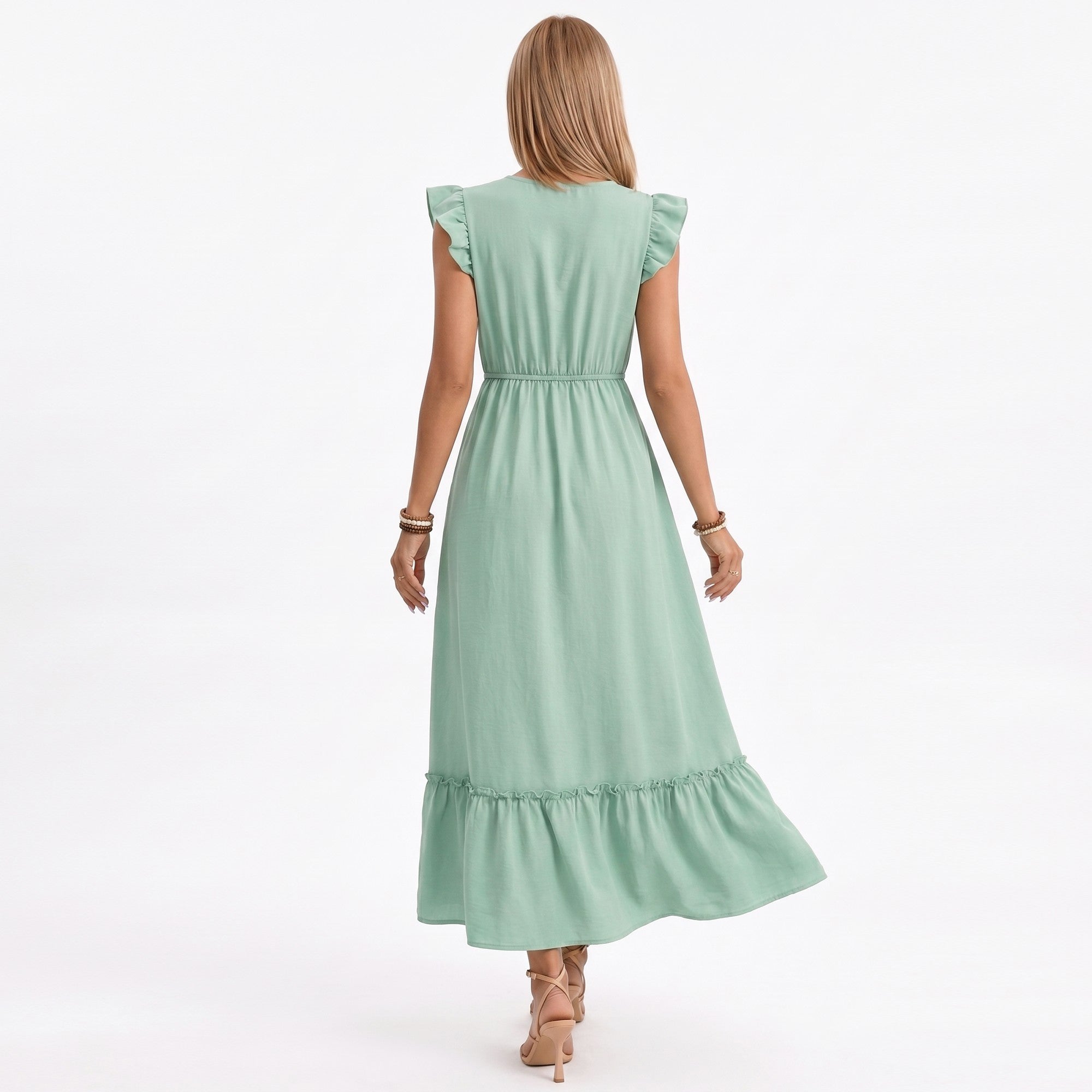 Anna-Kaci Women's Ruffle Sleeve Maxi Dress with Tie Neck and Embroidered Trim