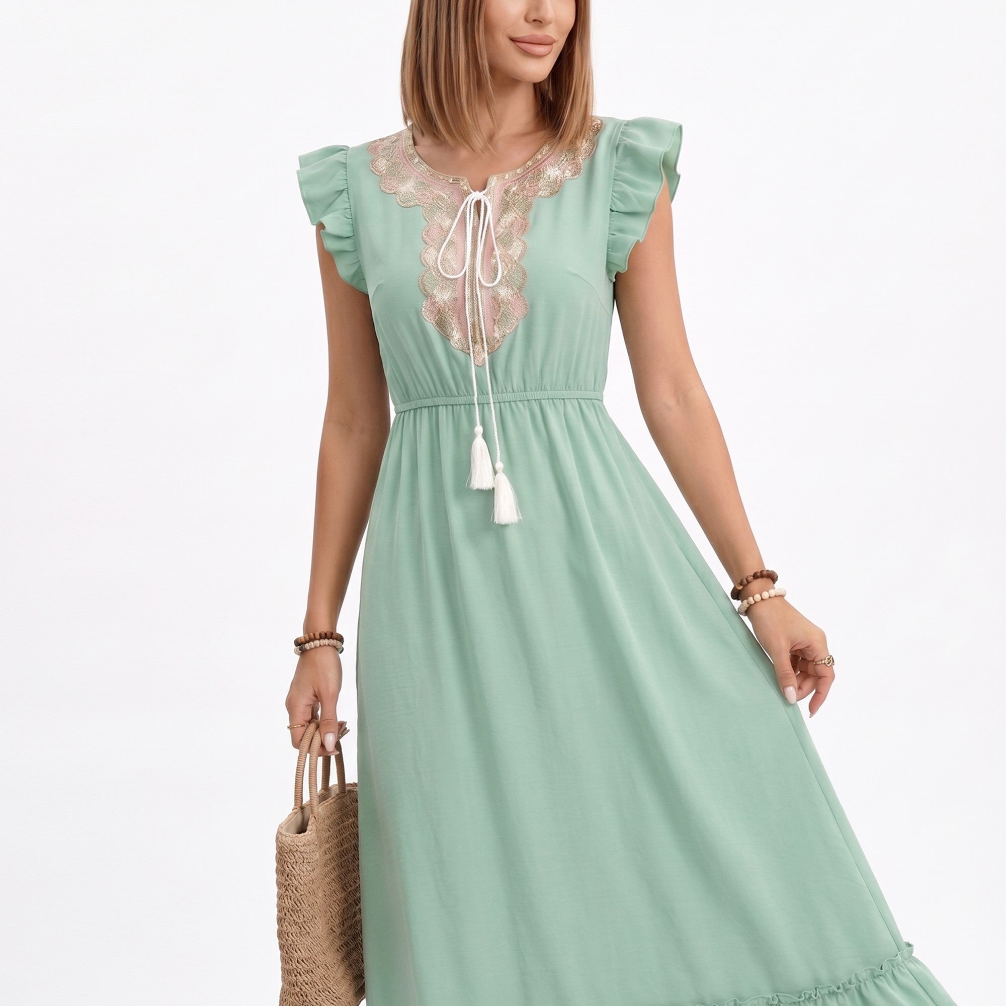 Anna-Kaci Women's Ruffle Sleeve Maxi Dress with Tie Neck and Embroidered Trim