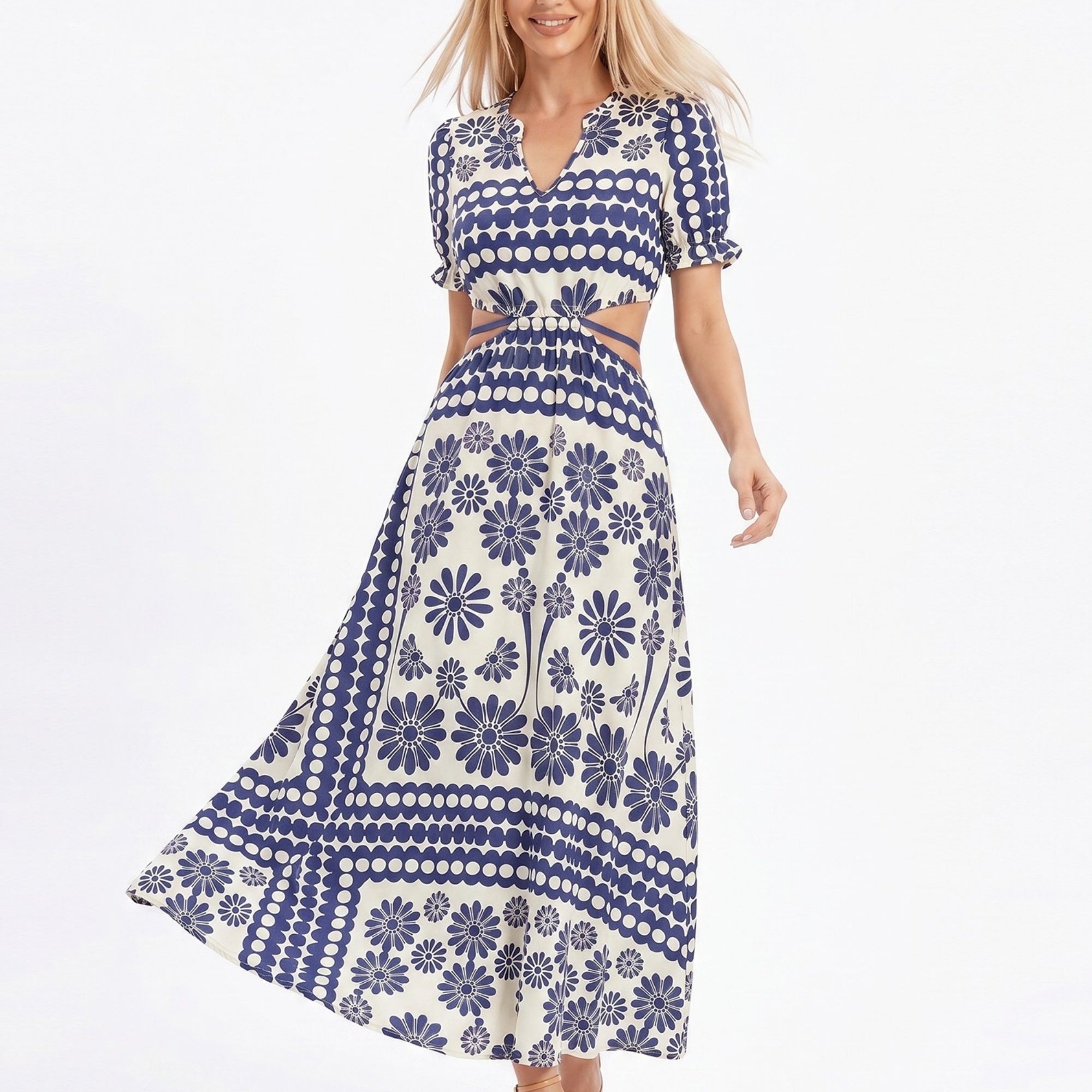 Anna-Kaci Women's Cutout Maxi Dress with Short Sleeves and Tie Waist Detail
