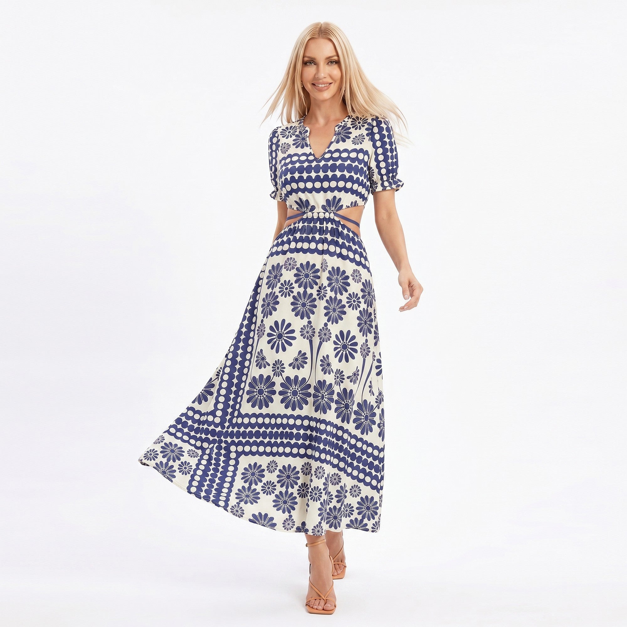 Anna-Kaci Women's Cutout Maxi Dress with Short Sleeves and Tie Waist Detail
