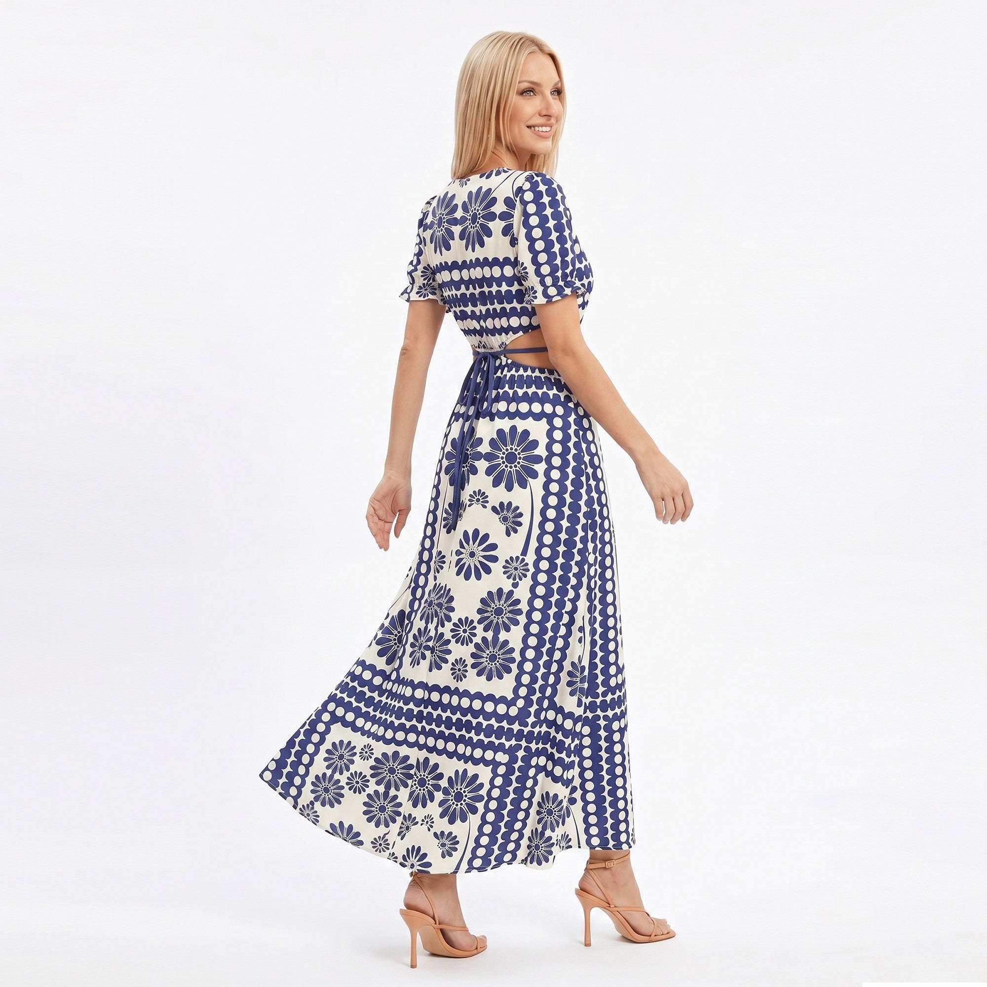 Anna-Kaci Women's Cutout Maxi Dress with Short Sleeves and Tie Waist Detail