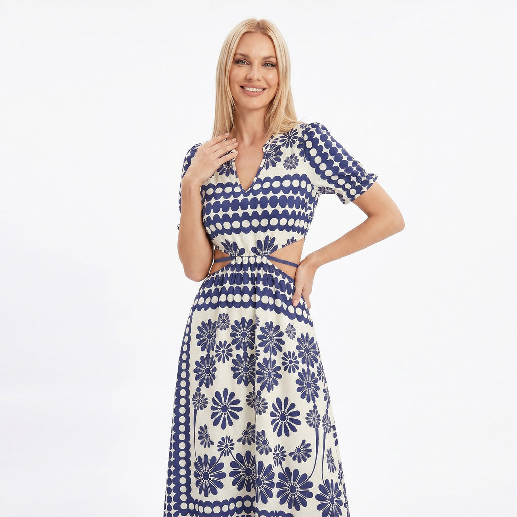 Anna-Kaci Women's Cutout Maxi Dress with Short Sleeves and Tie Waist Detail
