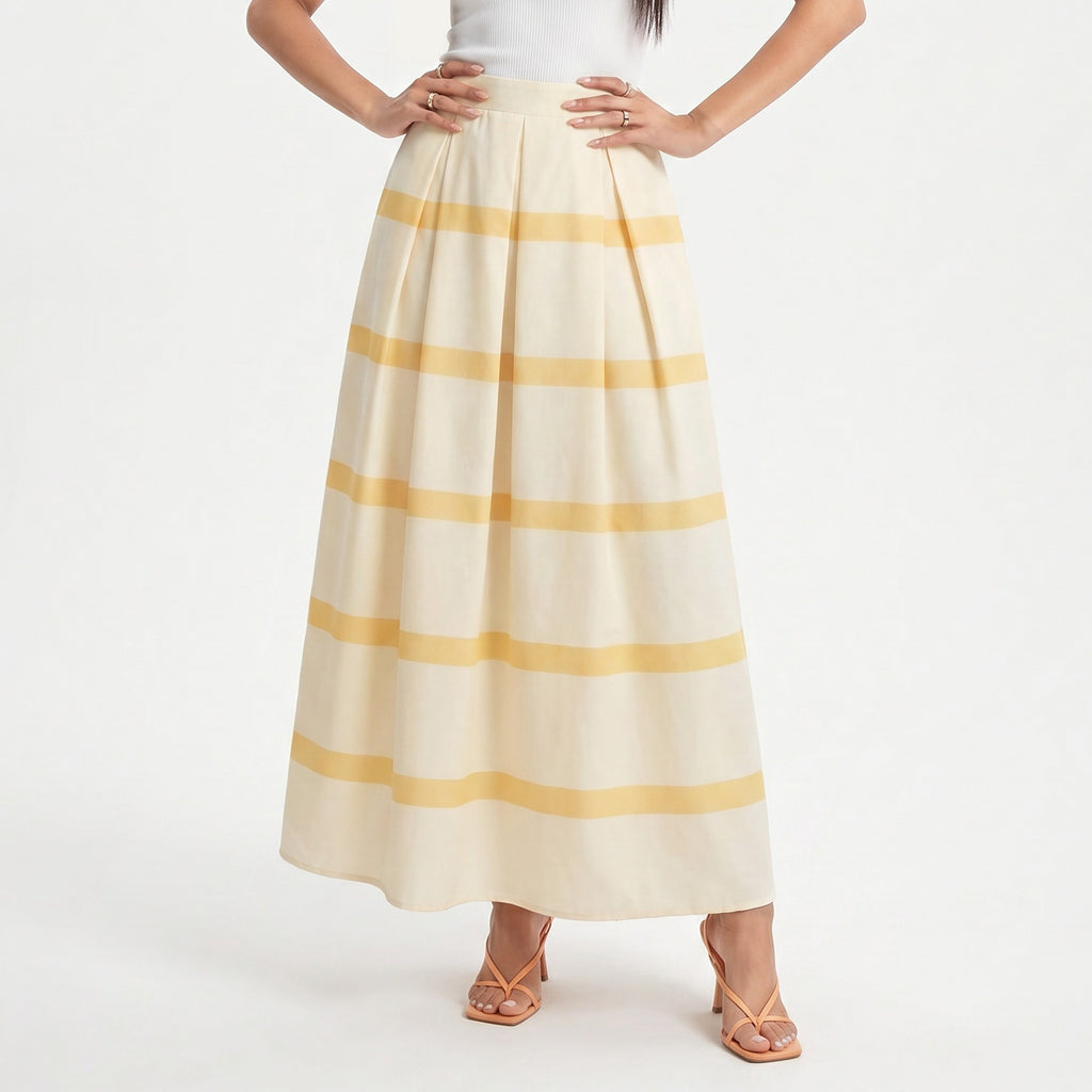 Anna-Kaci Women's Striped Maxi Skirt with Pleated Waist and A Line Silhouette