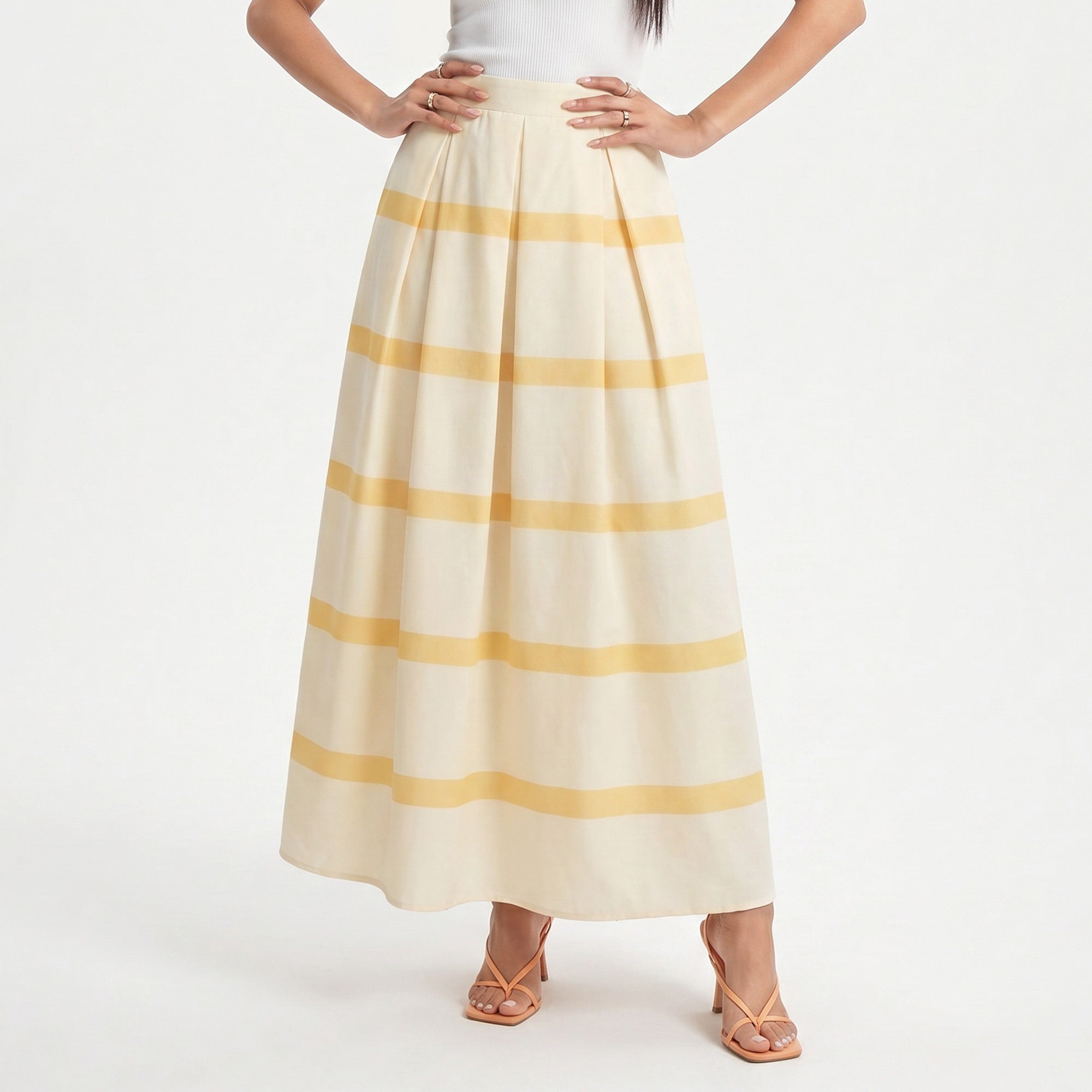 Anna-Kaci Women's Striped Maxi Skirt with Pleated Waist and A Line Silhouette