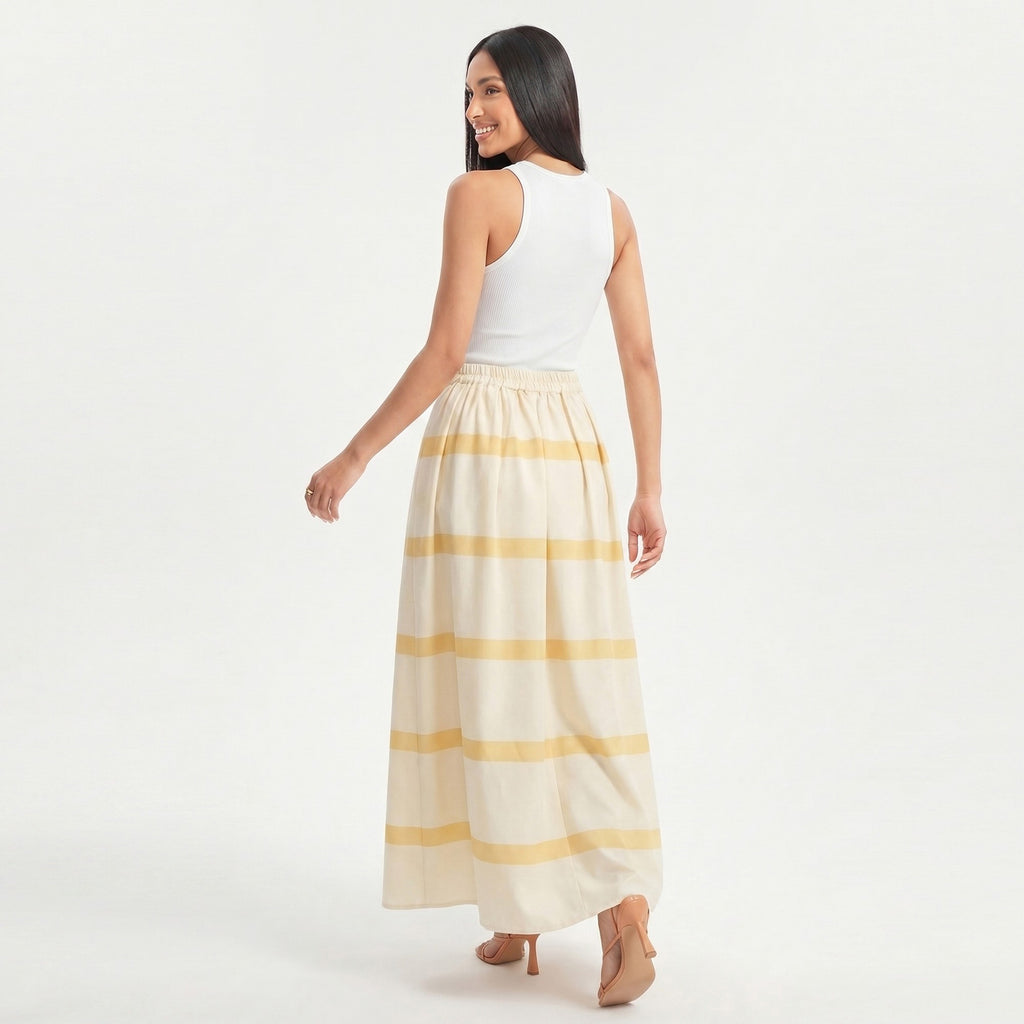 Anna-Kaci Women's Striped Maxi Skirt with Pleated Waist and A Line Silhouette