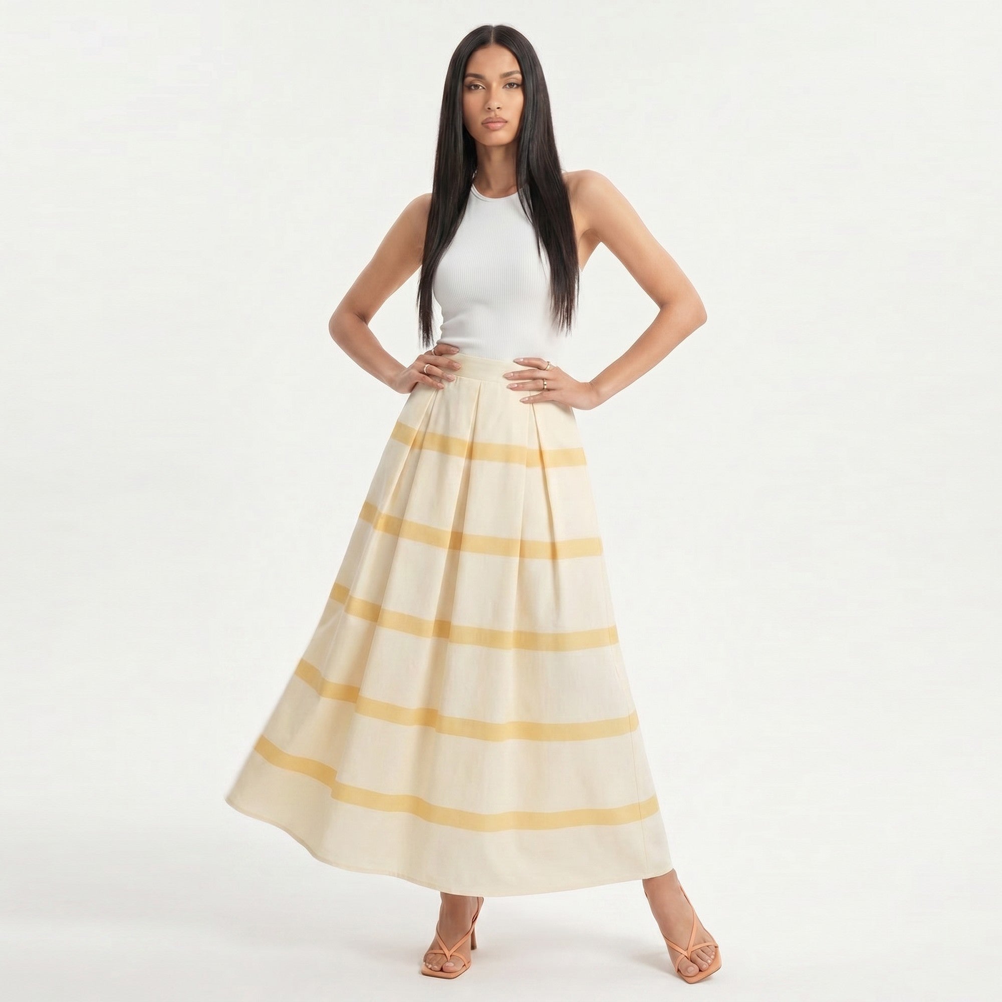 Anna-Kaci Women's Striped Maxi Skirt with Pleated Waist and A Line Silhouette